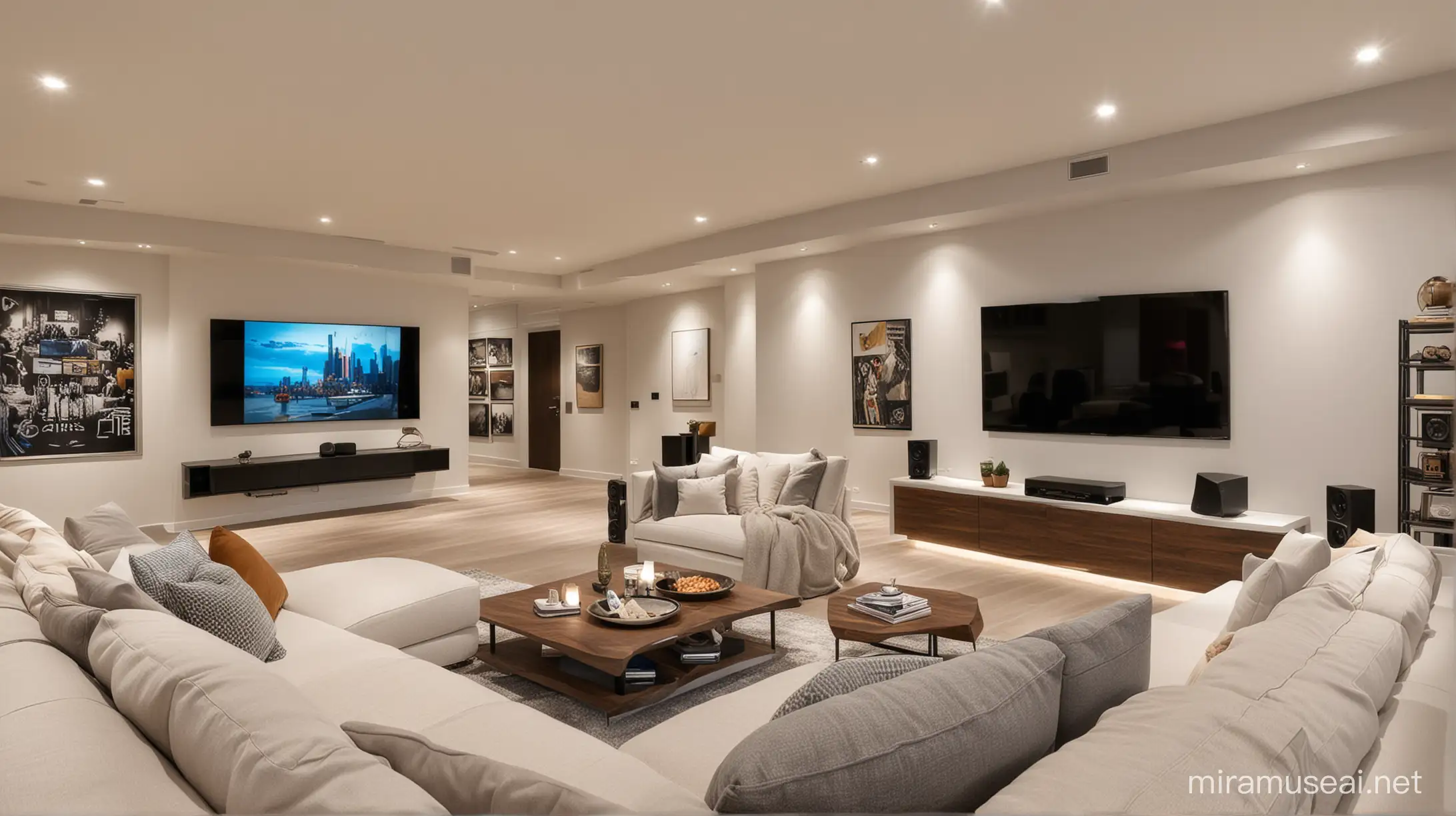 The trendy living area features a home theatre with a television screen and speakers