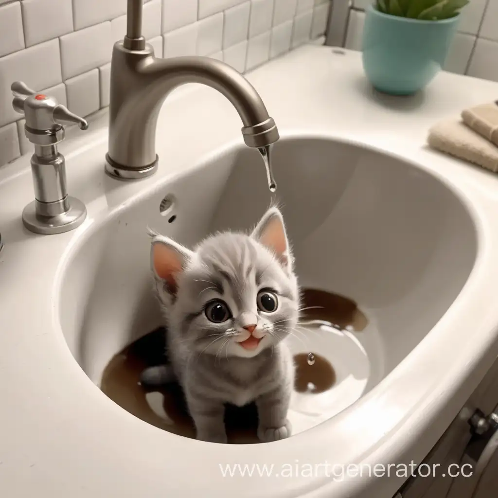 Playful-Gray-Kitten-Next-to-Brown-Poop-in-Sink