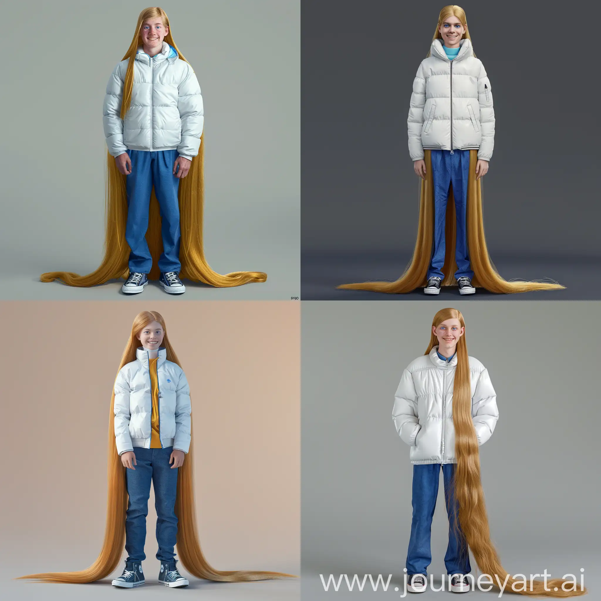 An European young man with blue eyes, smile,very long straight golden hair, long golden hair growing to the ground, wearing a white down jacket, blue trousers, black Converse shoes,Photorealistic, Full body shot, photorealistic, 8K, HDR, 3D rendering, real life, --quality 3