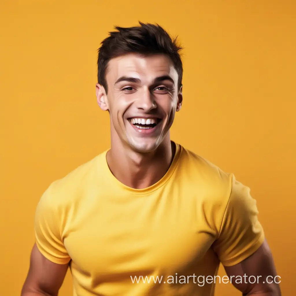 Cheerful-Brunette-Man-with-Athletic-Build-Laughing-on-Vibrant-Yellow-Background