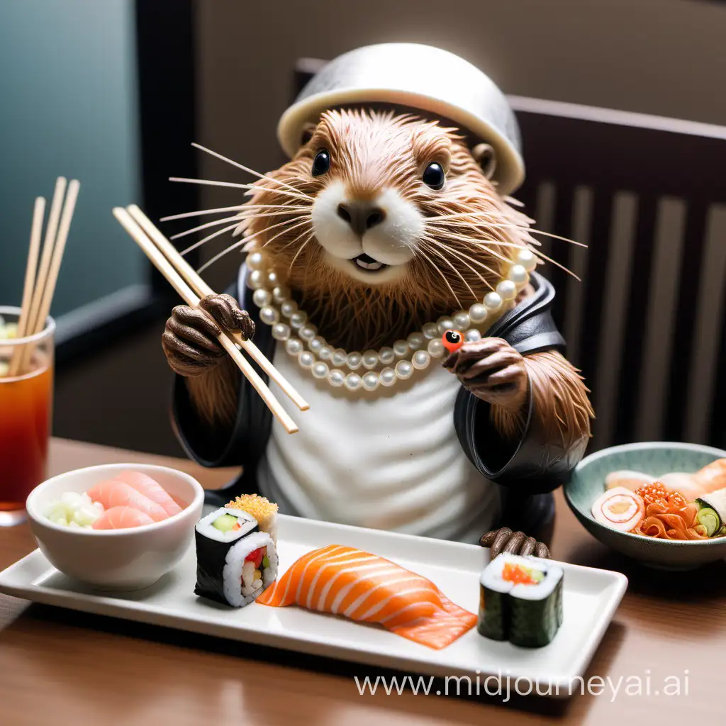 Adorable Beaver Wearing Pearl Necklace Surrounded by Sushi and Ramen