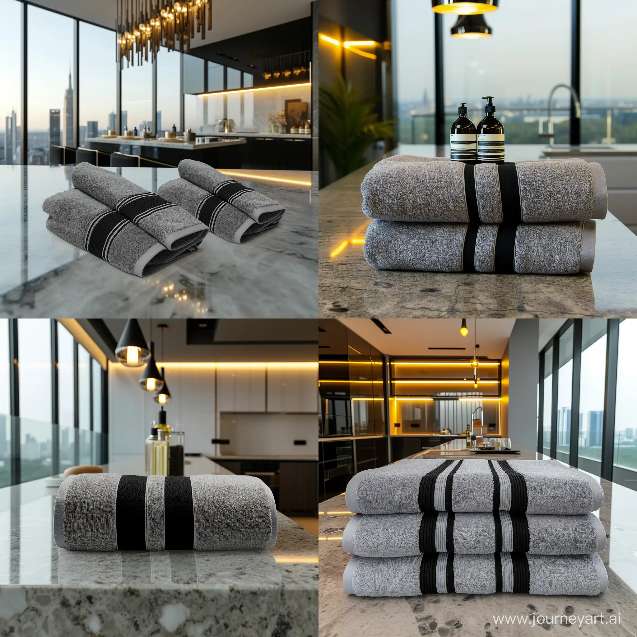 банные полотенца серого цвета с черными полосками по контуру в дорогой квартире на стильной кухне с панорамными окнами и дорогим освещением