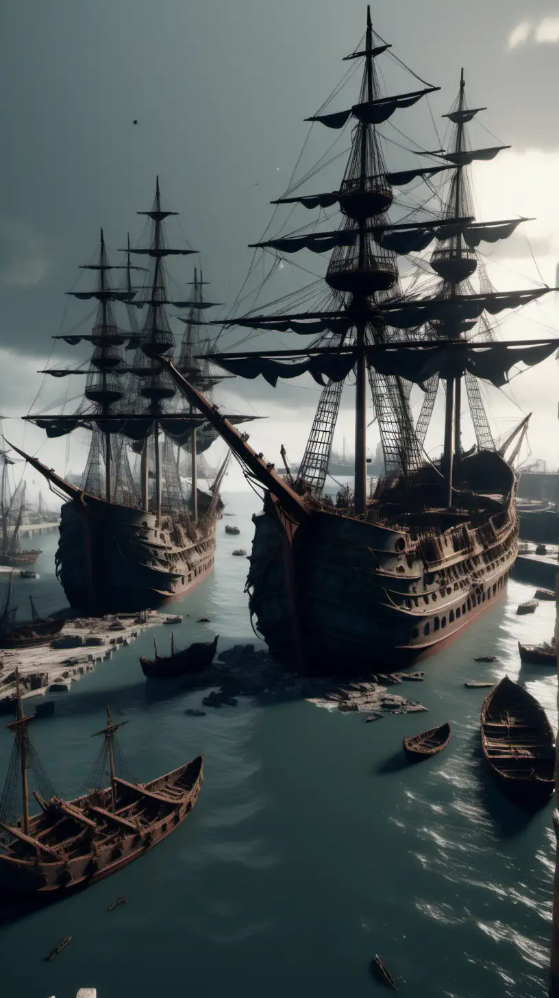 Barcos destrozados en un puerto, siglo XVIII, IMAGEN ULTRA REALISTA, ILUMINACIÓN CINEMATOGRÁFICA,ALTA DEFINICIÓN,8K