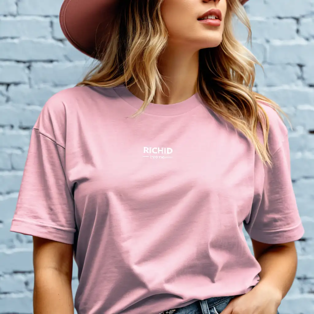 realistic blonde woman wearing bella canvas 3001 orchid color oversized t-shirt mockup, brick background, no deformation, soft light