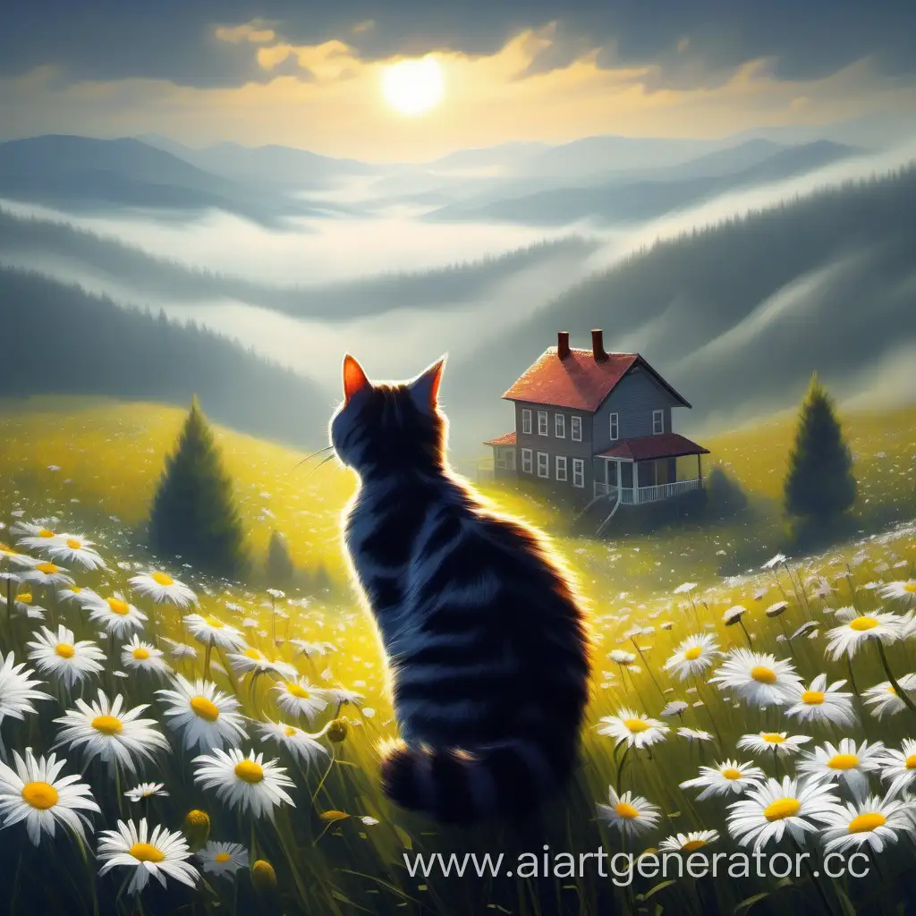 a cat in a field on top of a mountain,a field of daisies,a foggy day,a house on top of a mountain,loneliness