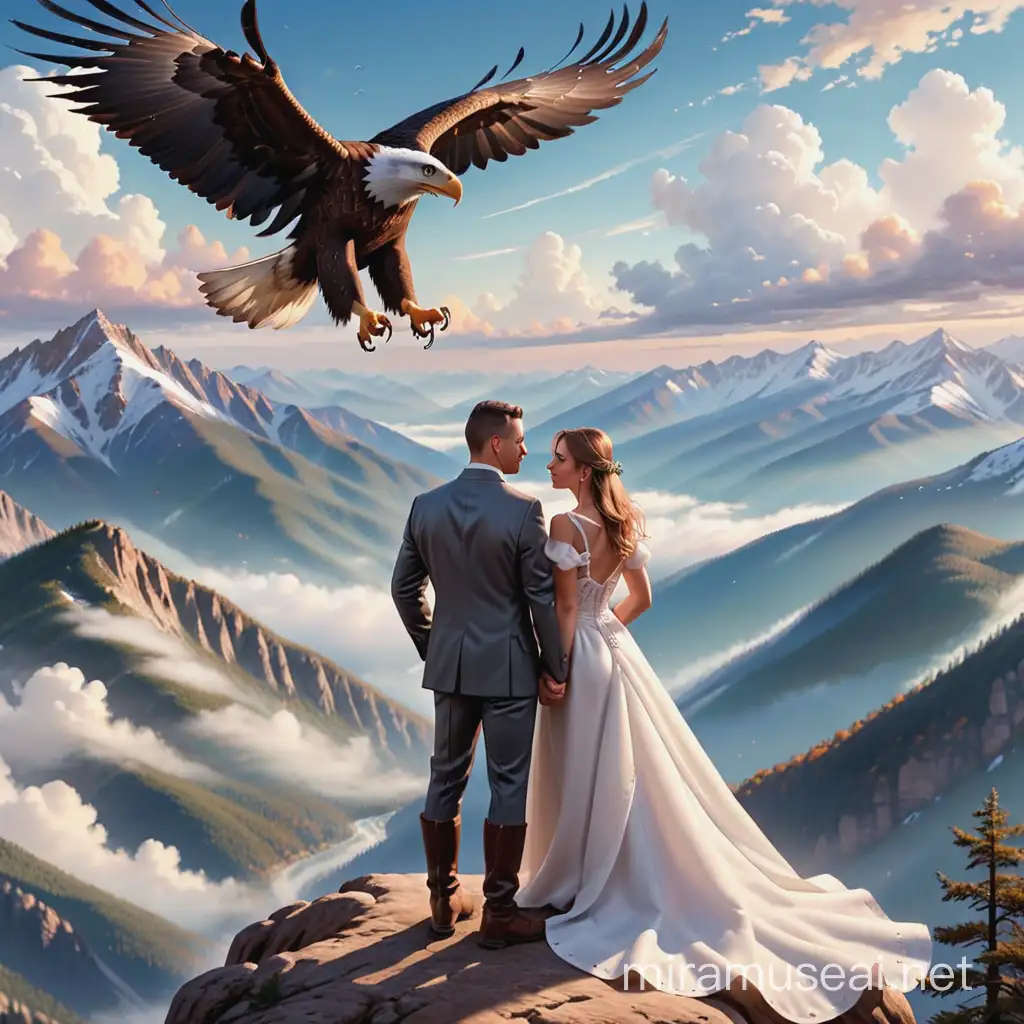 Adventurous Couple Enjoying Spectacular Mountain View with Eagle Soaring Amidst Clouds