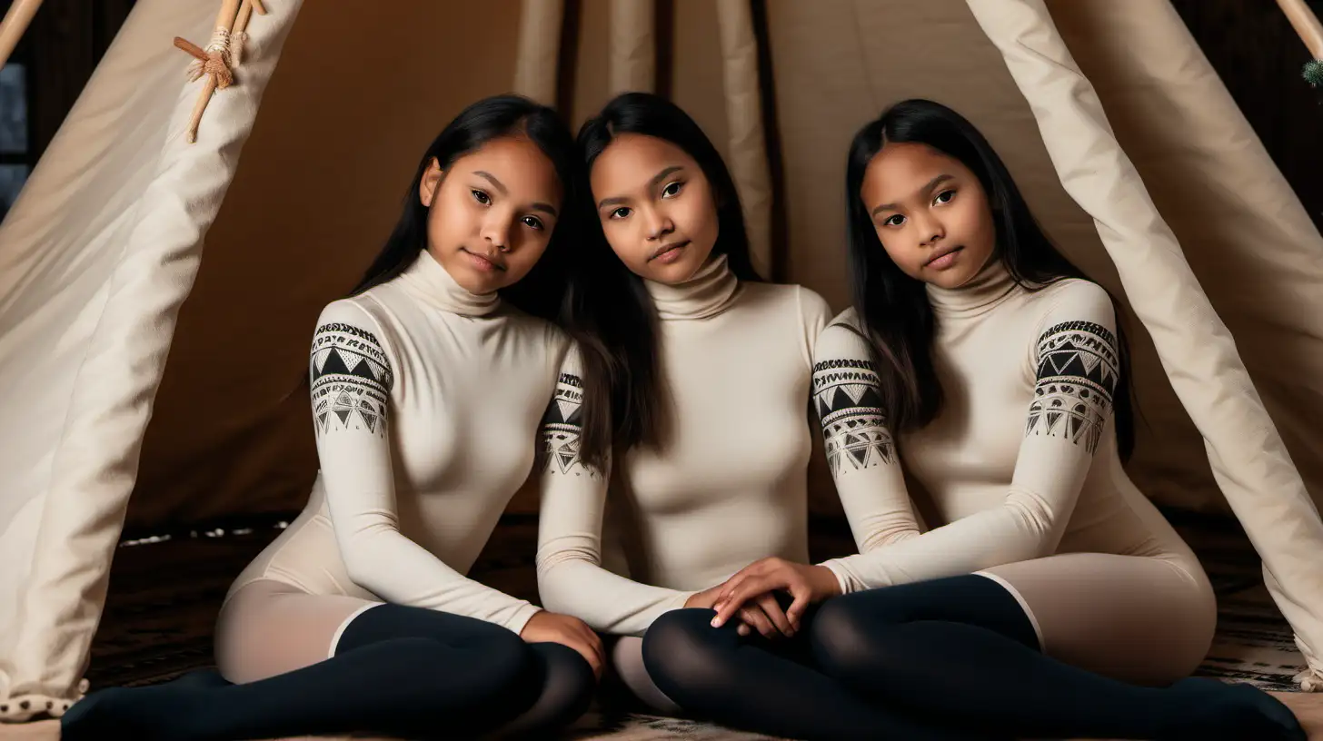 3 slender native american girls in a teepee in the winter wearing a longsleeve turtleneck leotards and black tights cuddling.