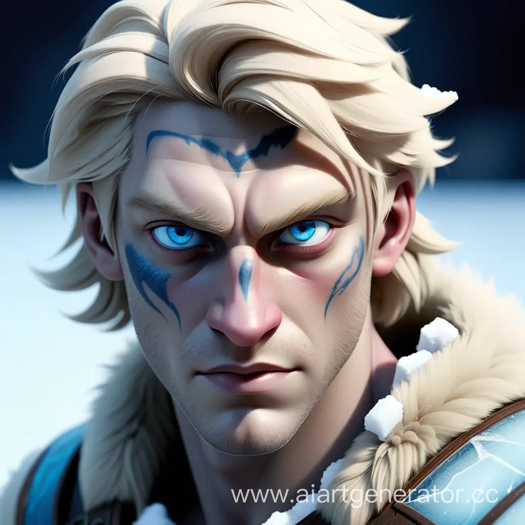 Человек, светлые волосы, голубые глаза, шрам на льду