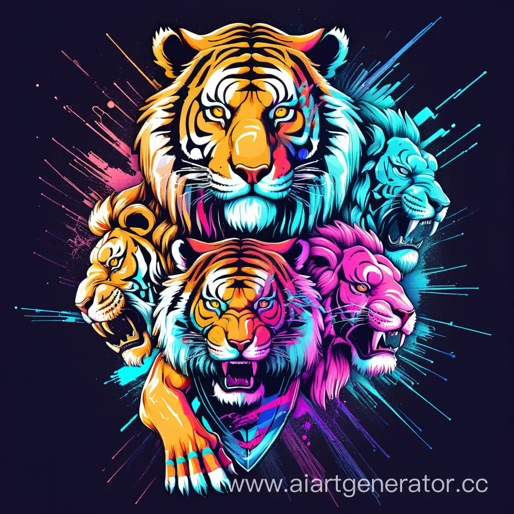 Design a modern and edgy t-shirt with glitch effects, symbolizing a digital battle between the tiger and lion.