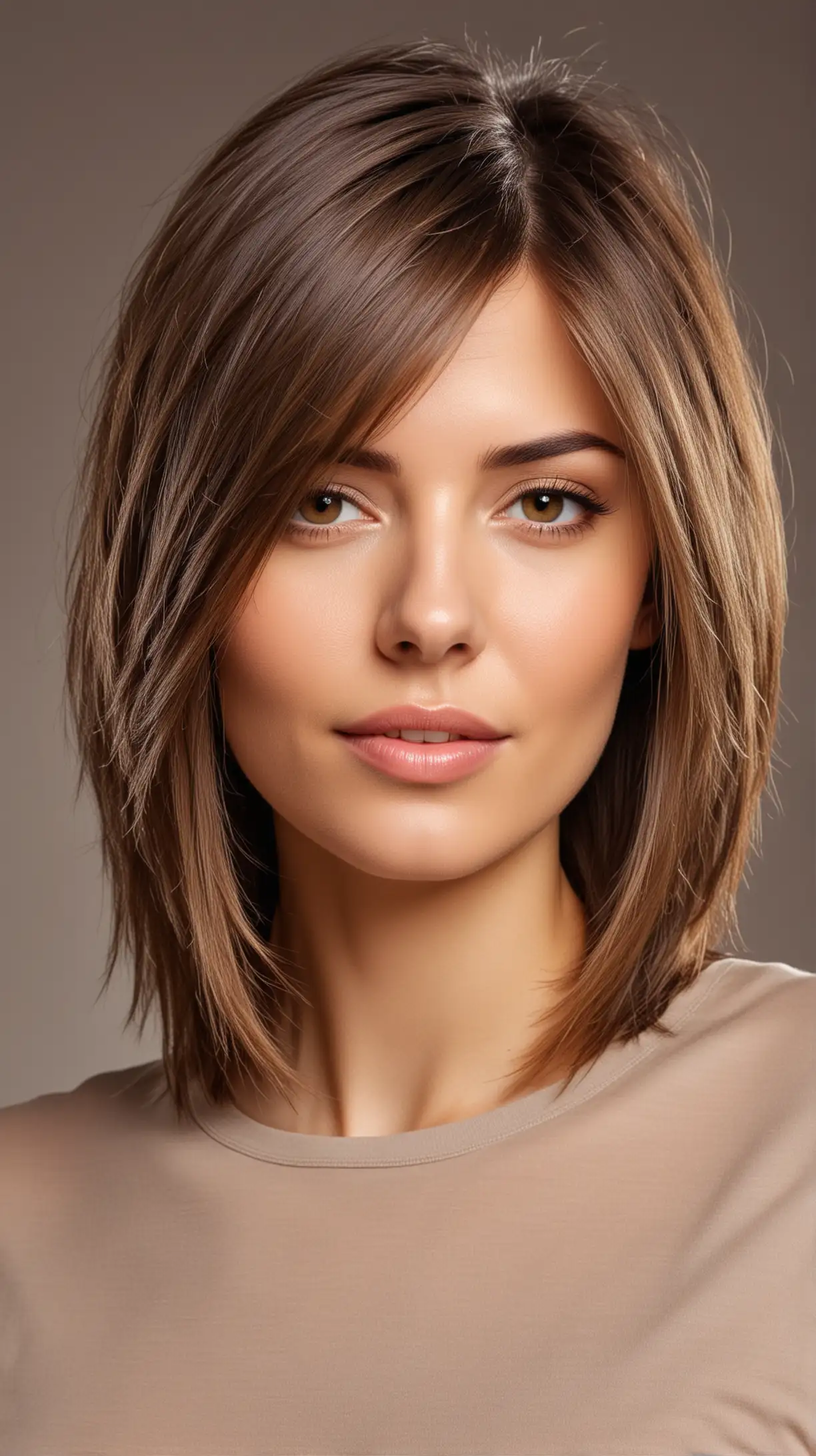 Beautiful girl model, haircut - Smooth and Sleek Layered Cut, medium length haircut with layers, age 30 years, background - casual