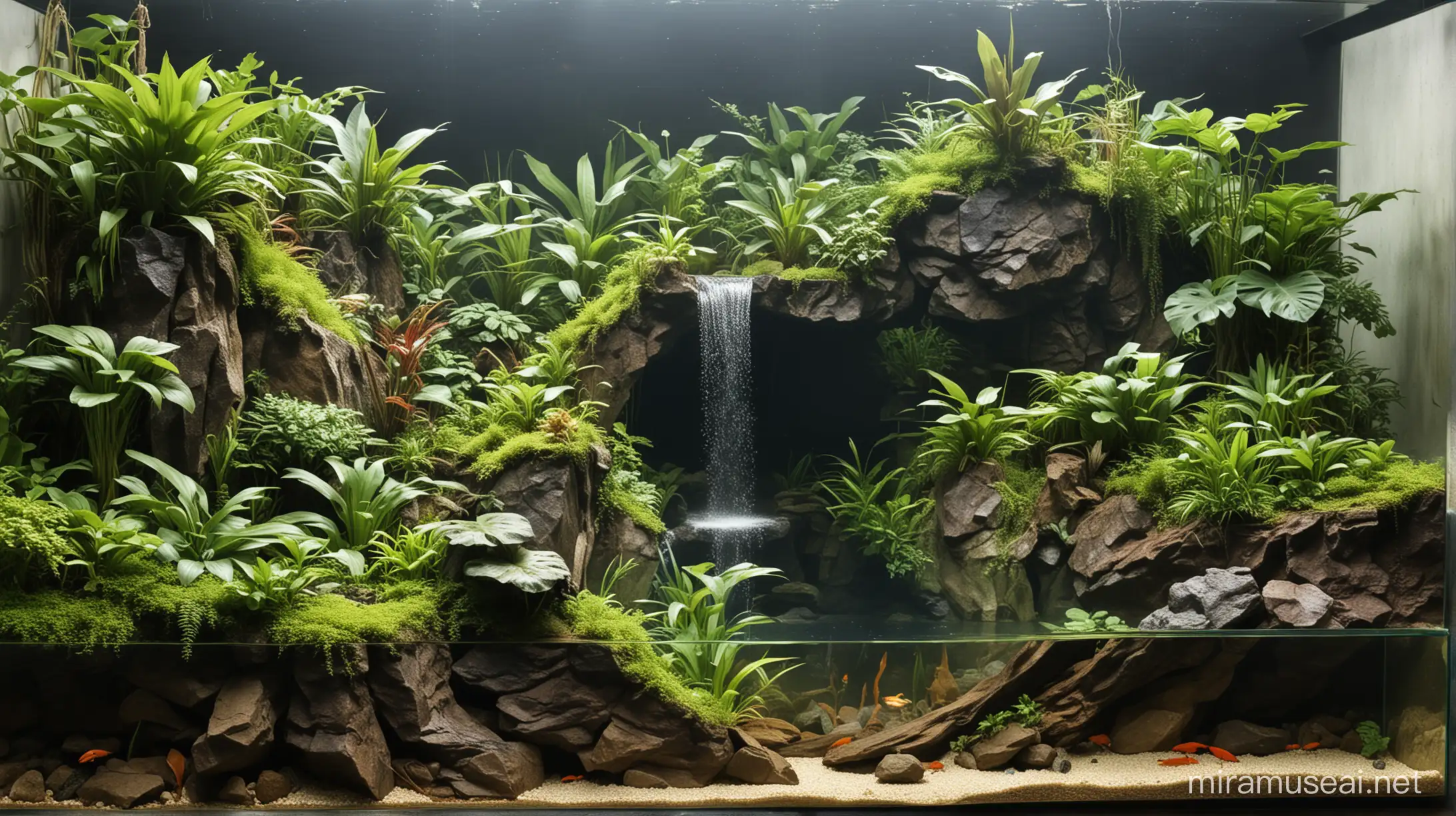 A tropical snake paludarium with a main cliff waterfall and a narrow lake-side on the front-side of the paludarium and a large flat land area.
