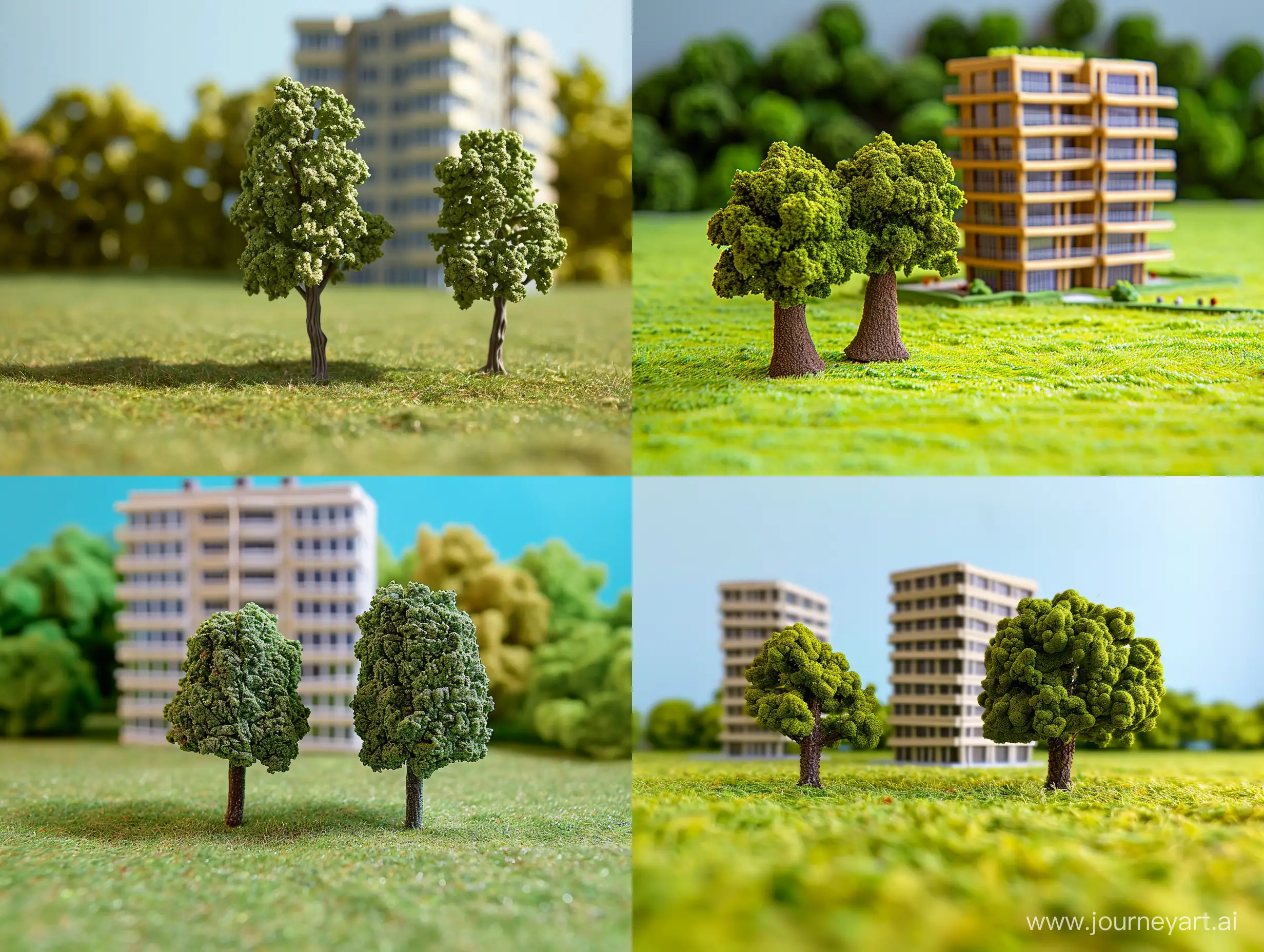 парк с большой поляной, два-три дерева, на фоне многоэтажки из пластилина (пластилинография)