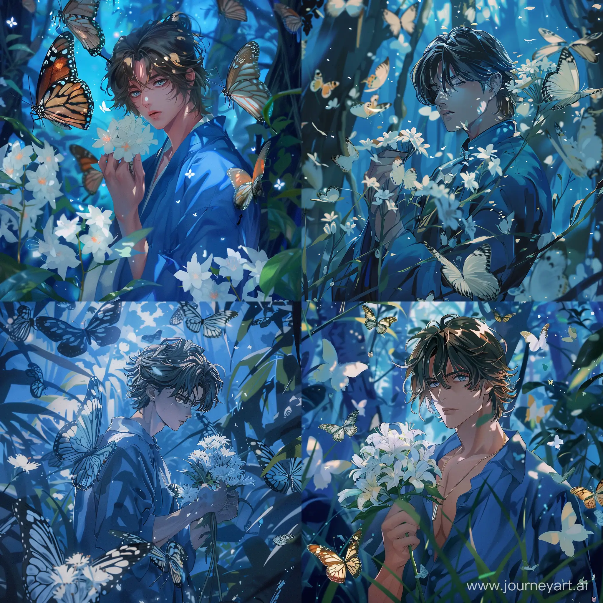 Anime-Man-Amidst-Giant-Butterflies-in-Blue-Forest-with-White-Flowers