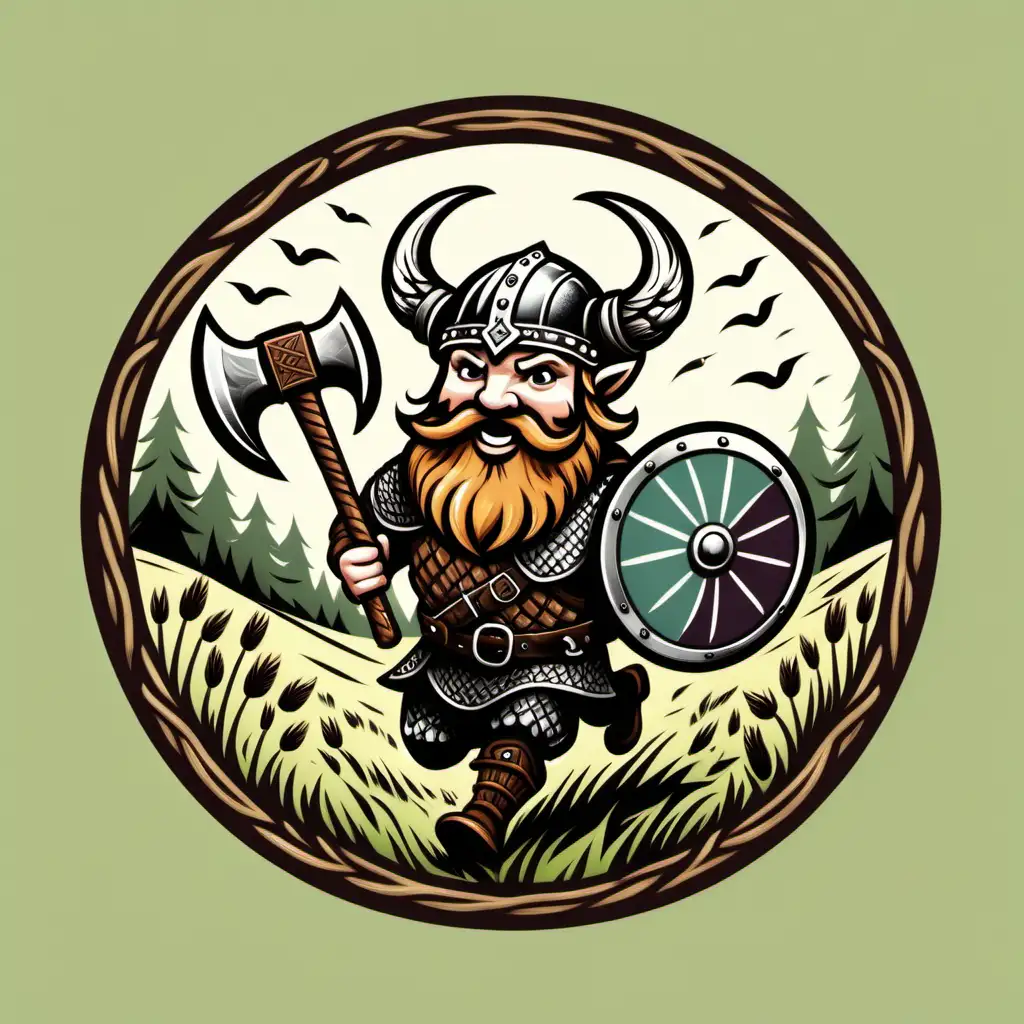 decorative circle logo of a cute viking running in a meadow with a horned helmet carrying an axe and shield 