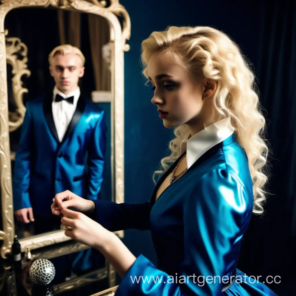 A very young Draco Malfoy in a suit,attractive, hot, mysterious, handsome, gorgeous with a hot, reflection in the mirror in the room puts on a necklace by a beautiful girl with blond curly hair in a blue puffy dress from the ball
