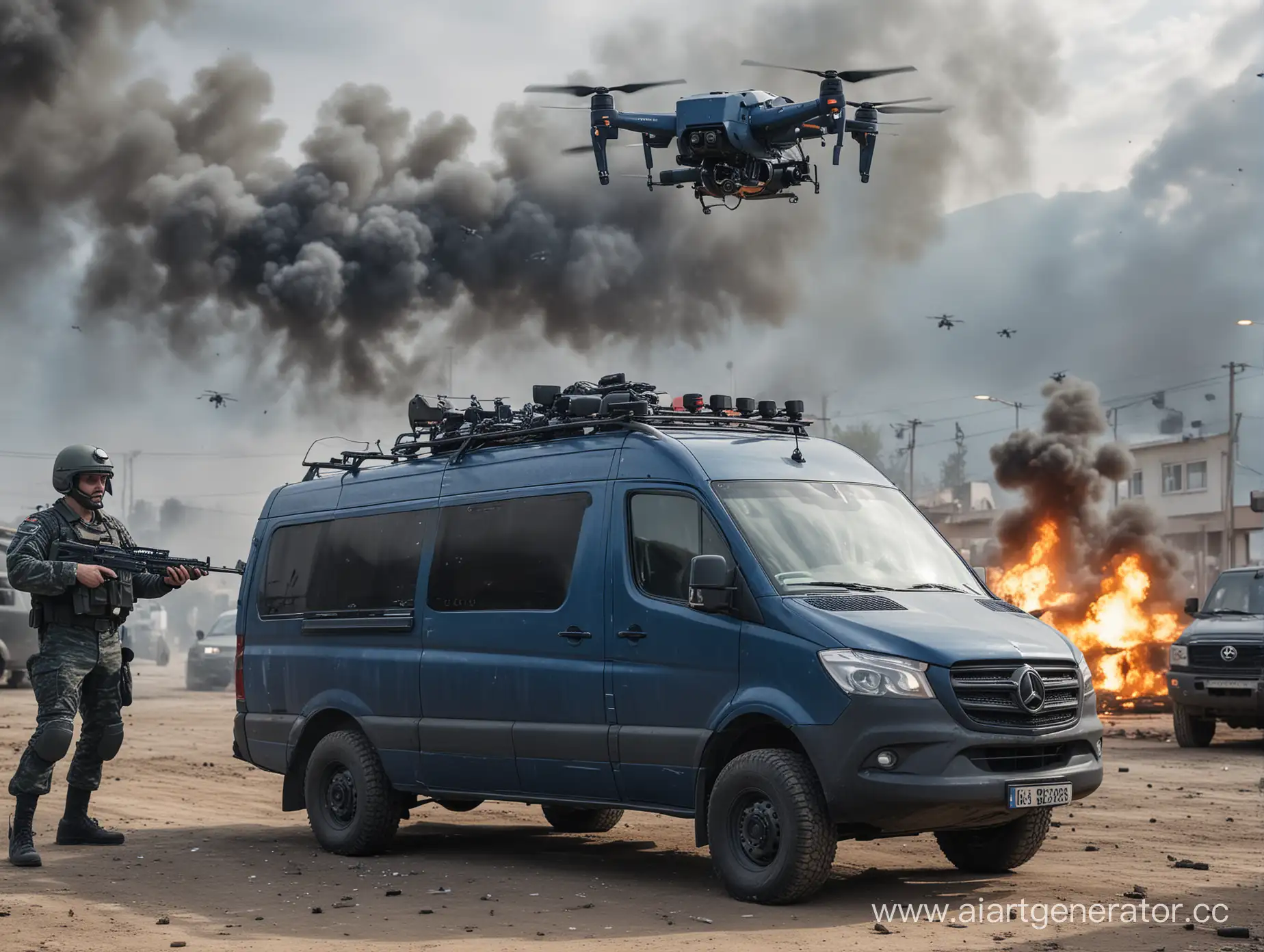 military officer stands with a blaster in front of the car, in the background flying quadrocopters and explode, in the background car mersedes sprinter dark blue color, the car has antennas
