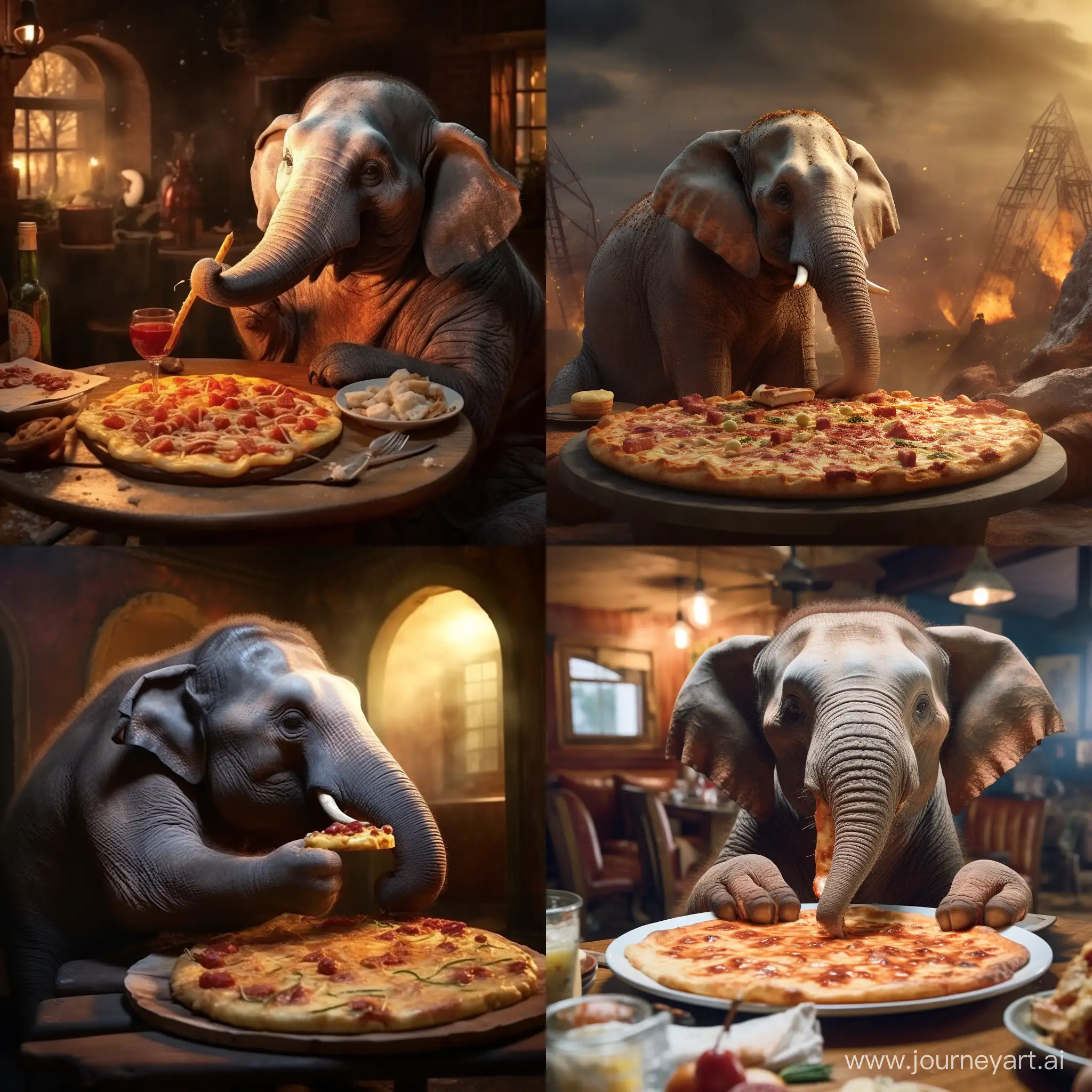 An elephant is eating pizza