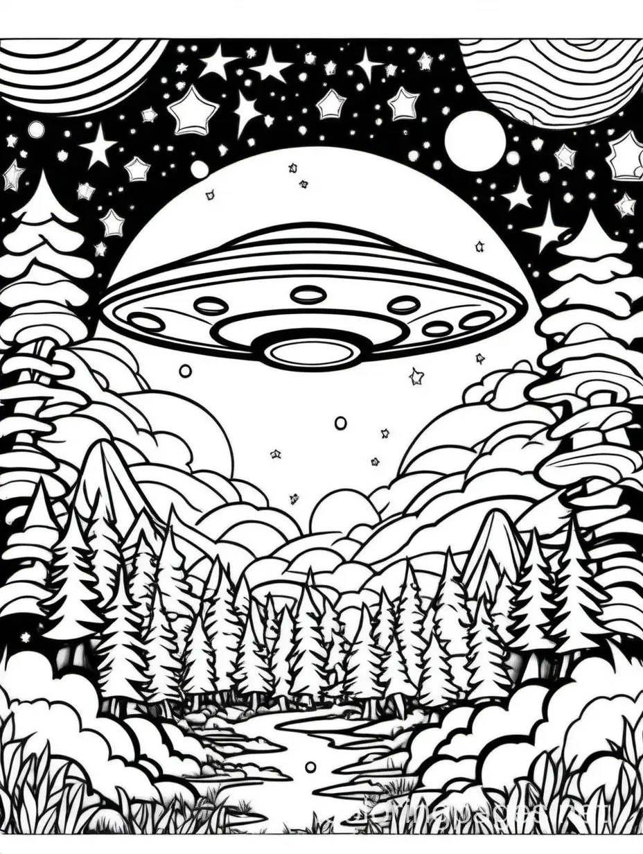 lisa frank art style, tent ,UFO in sky , forest, psychedelic, 1960s style

, Coloring Page, black and white, line art, white background, Simplicity, Ample White Space. The background of the coloring page is plain white to make it easy for young children to color within the lines. The outlines of all the subjects are easy to distinguish, making it simple for kids to color without too much difficulty