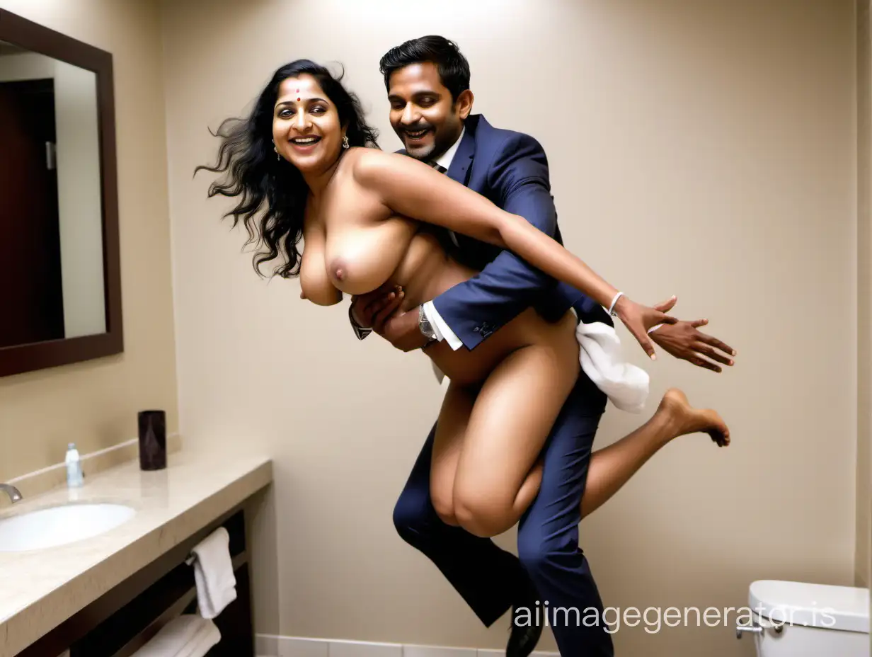 Generate full body front view image of a 40 year old very curvy completly nude Indian woman jumping piggyback on the back of her male boyfriend wearing formal suit in a hotel bathroom show their full body shot