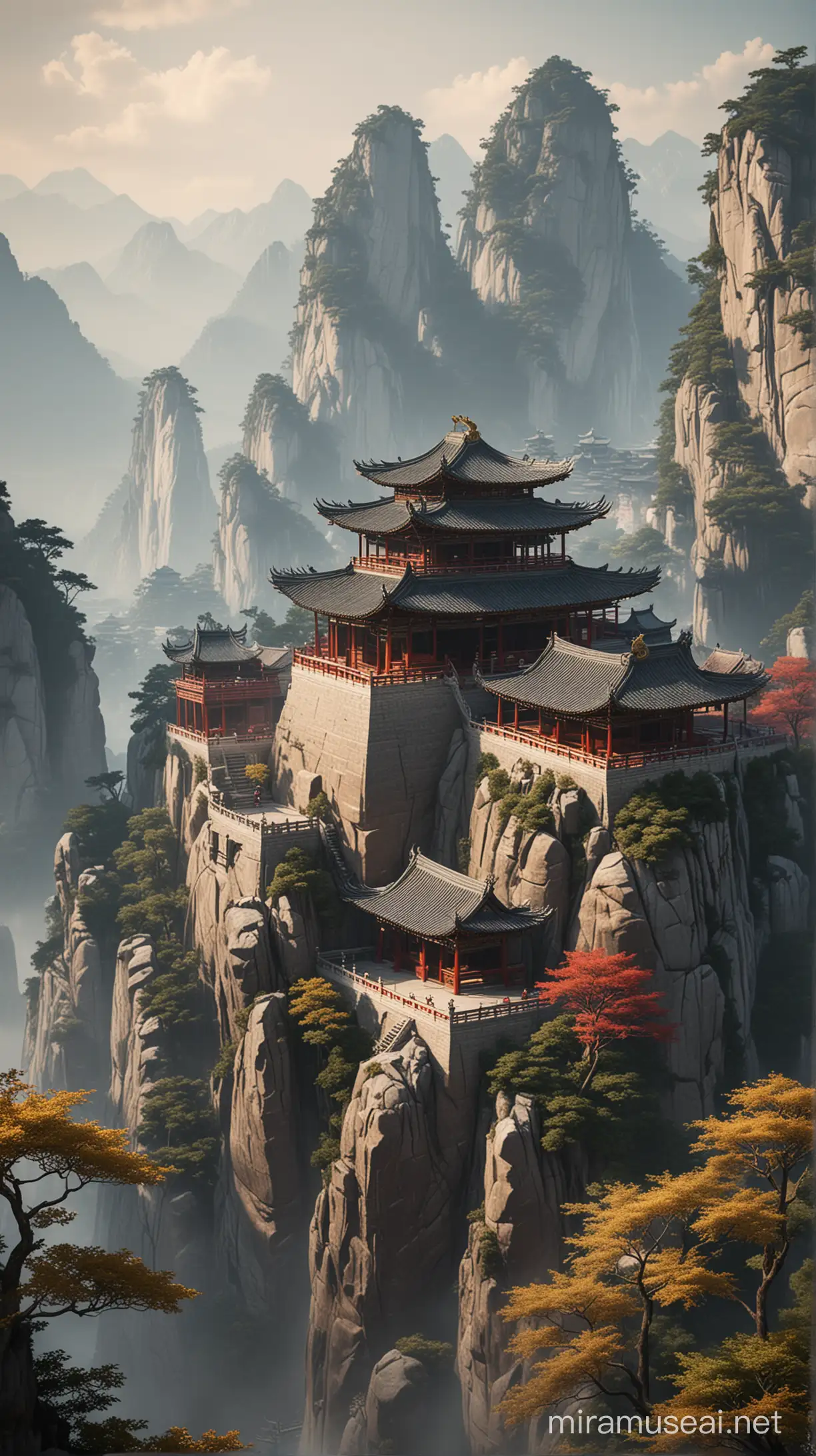 Chinese temple over the mountains, serene and beautiful place, calm, hiper realism