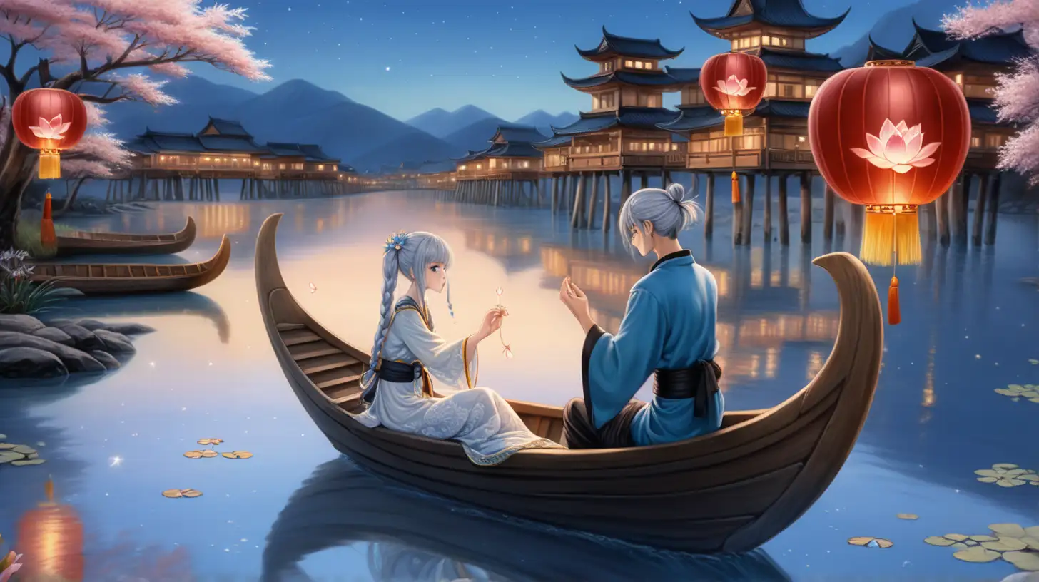 Generate a tenjo tenge-inspired painting: 
picture a scene of a young woman and a young man in a wooden boat in the middle of a lake. the man is rowing the boat, he is sitting in front of the women. They are gazing lovingly at each other. 

the young woman is a beautiful 22-year-old slender lady. She has big blue eyes, pink pouty lips, a cute nose, and rosy skin, she is visibly happy and her cheeks are flushed. Her silver hair is tied in an intricate braid adorned with blue and white flowers. She is dressed in a long light-blue sheer dress with an intricate design.

the young man is handsome 25 years old, he is tall, and he has a lean but muscular body. he has big brown eyes, thick lips, thick eyebrows, and a defined nose and cheekbones, his skin is a bit tanned, and his hair is brown and tied in a bun. he is dressed in a black robe with an intricate gold design.

they are surrounded by mountains, near the docks there is a street filled with shops and people, there is a red bridge and a gazebo, the night sky is filled with thousands of sky lanterns, and the moon is full and glowing majestically against the night sky. the ponds have floating lanterns in the shape of a lotus flower. nearby, 2 boats are passing by carrying lovers on dates. nearby, you can see fireflies.

magical, ethereal, whimsical, surrealism, romanticism