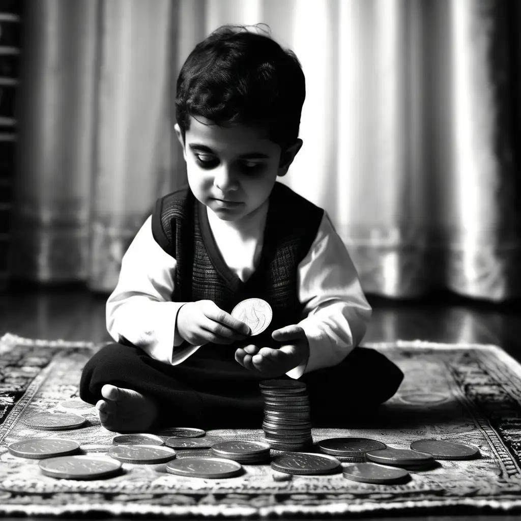 child from the Middle East aspiring to be a magician,   4 coins on the rug that make a square, kid covers 2 of the coins with his hands, sitting on a old rug   , black and white, nostalgic, sweet, memories 