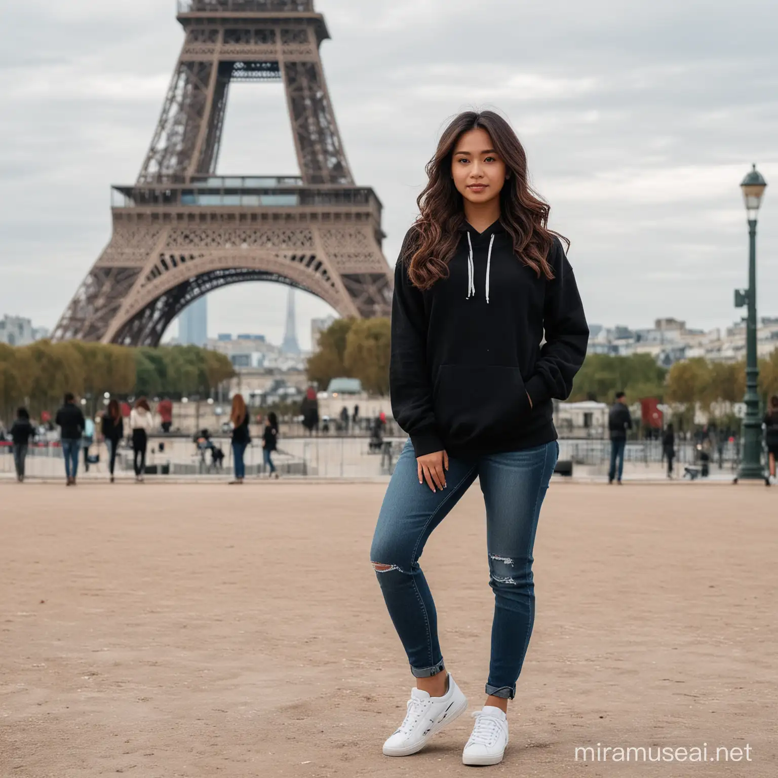 a 30 year old Indonesian woman, wearing a black hoodie sweater, jeans, white and black sneakers, long wavy hair, standing posing, in front of the Paris Eiffel tower, Paris Eiffel tower background.detail.Hd.