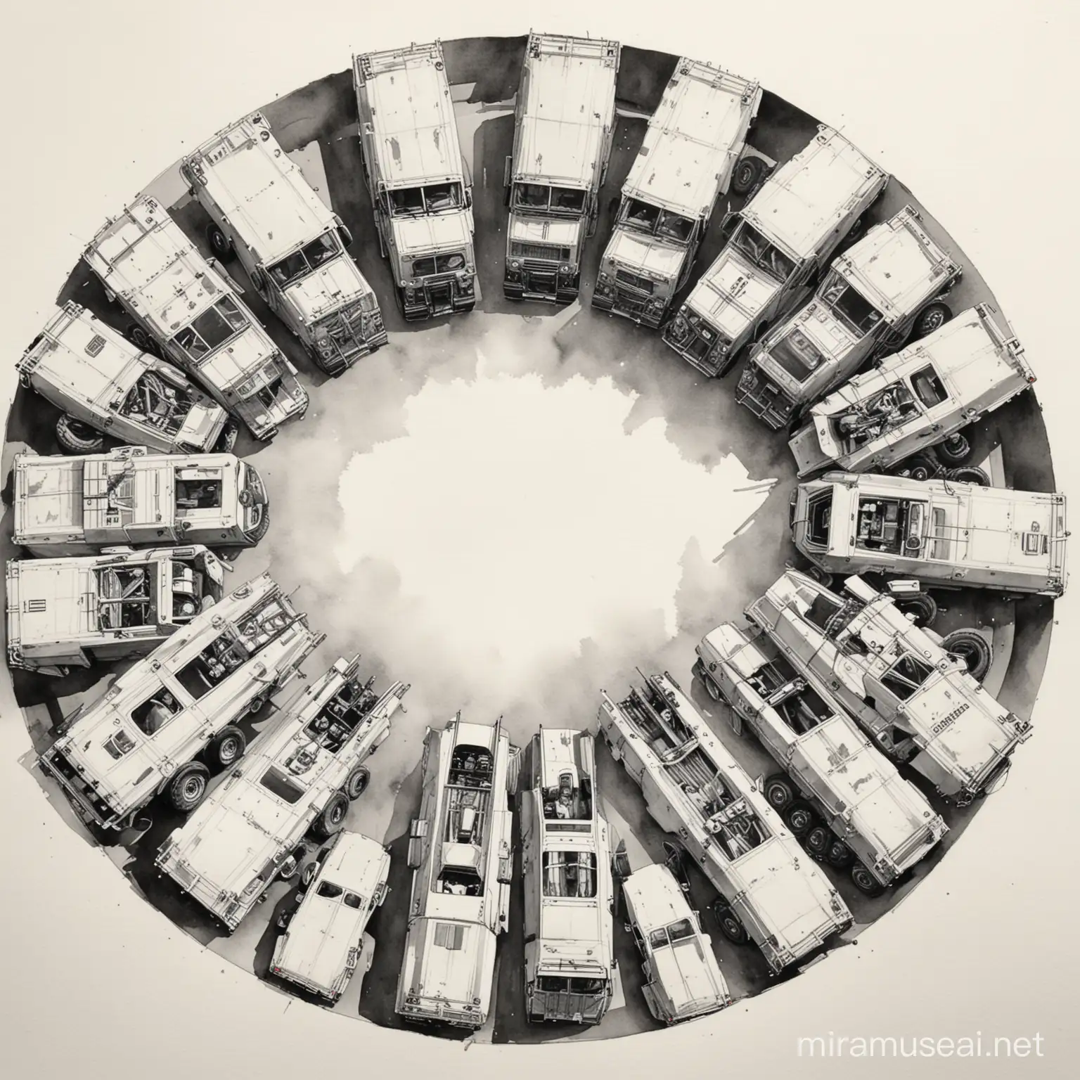 Ten 70s European trucks in a circle. Half-zenith view. watercolor. black and white. --ar 3:4. --chaos 0.