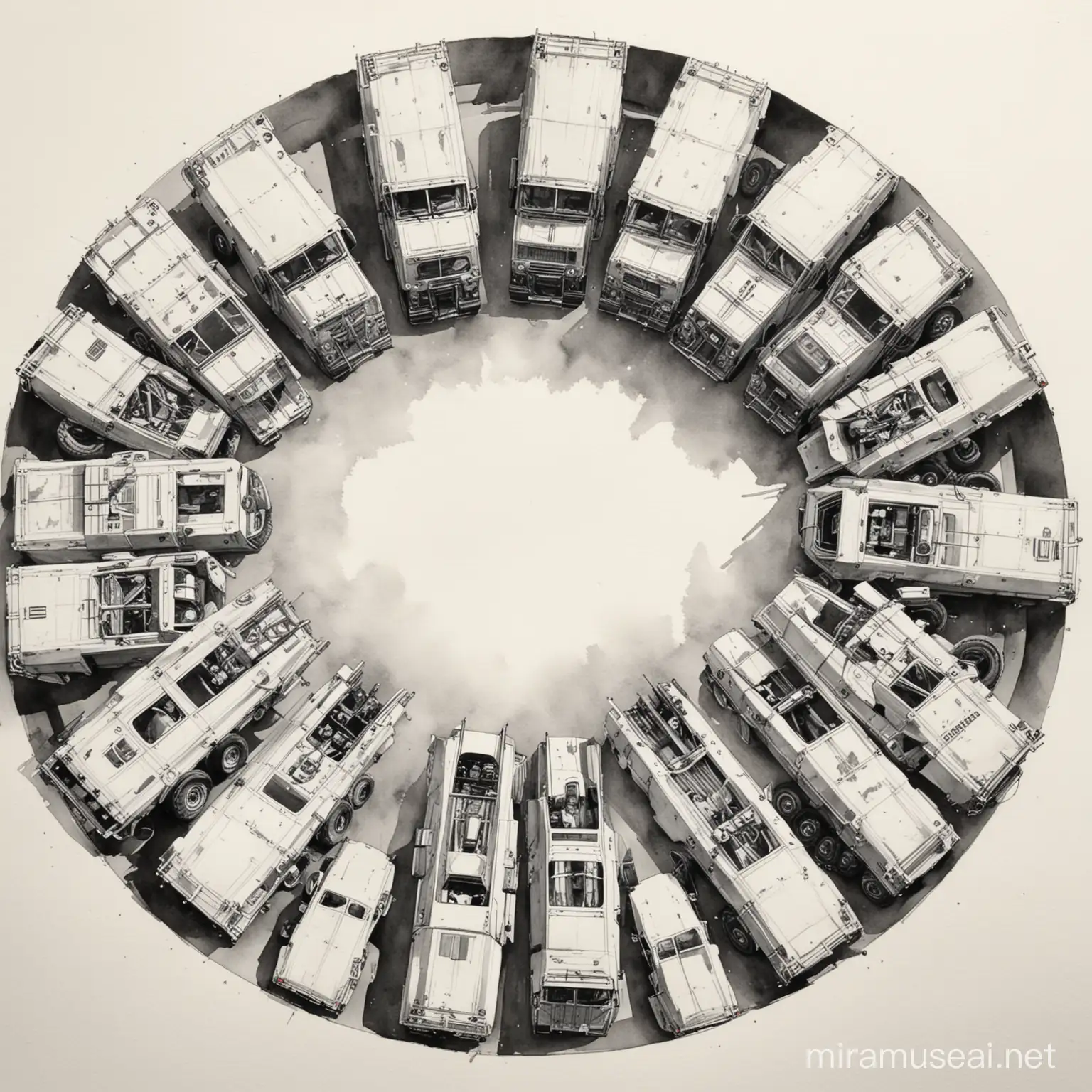 Vintage European Trucks Circle in Monochrome Watercolor HalfZenith Perspective