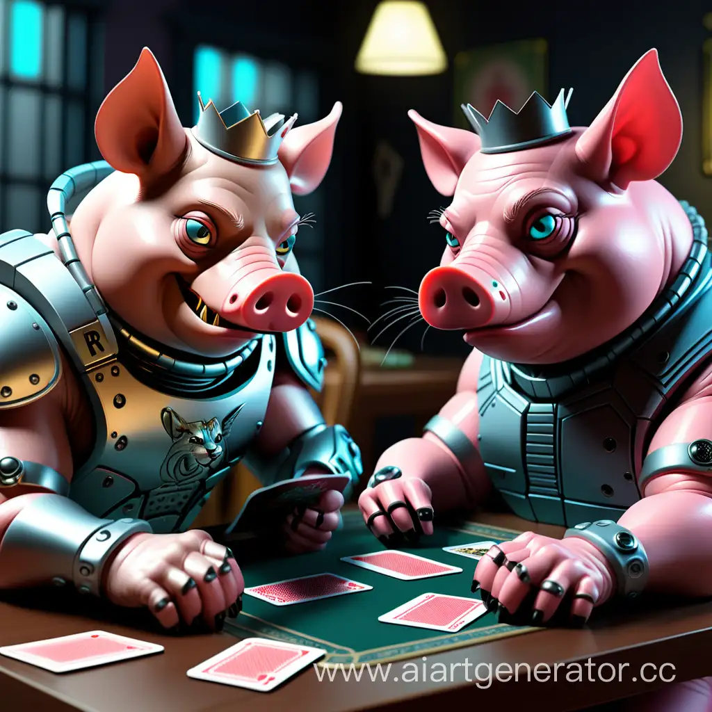 cyber pig cyber boar and cyber cat are sitting at the table and playing cards