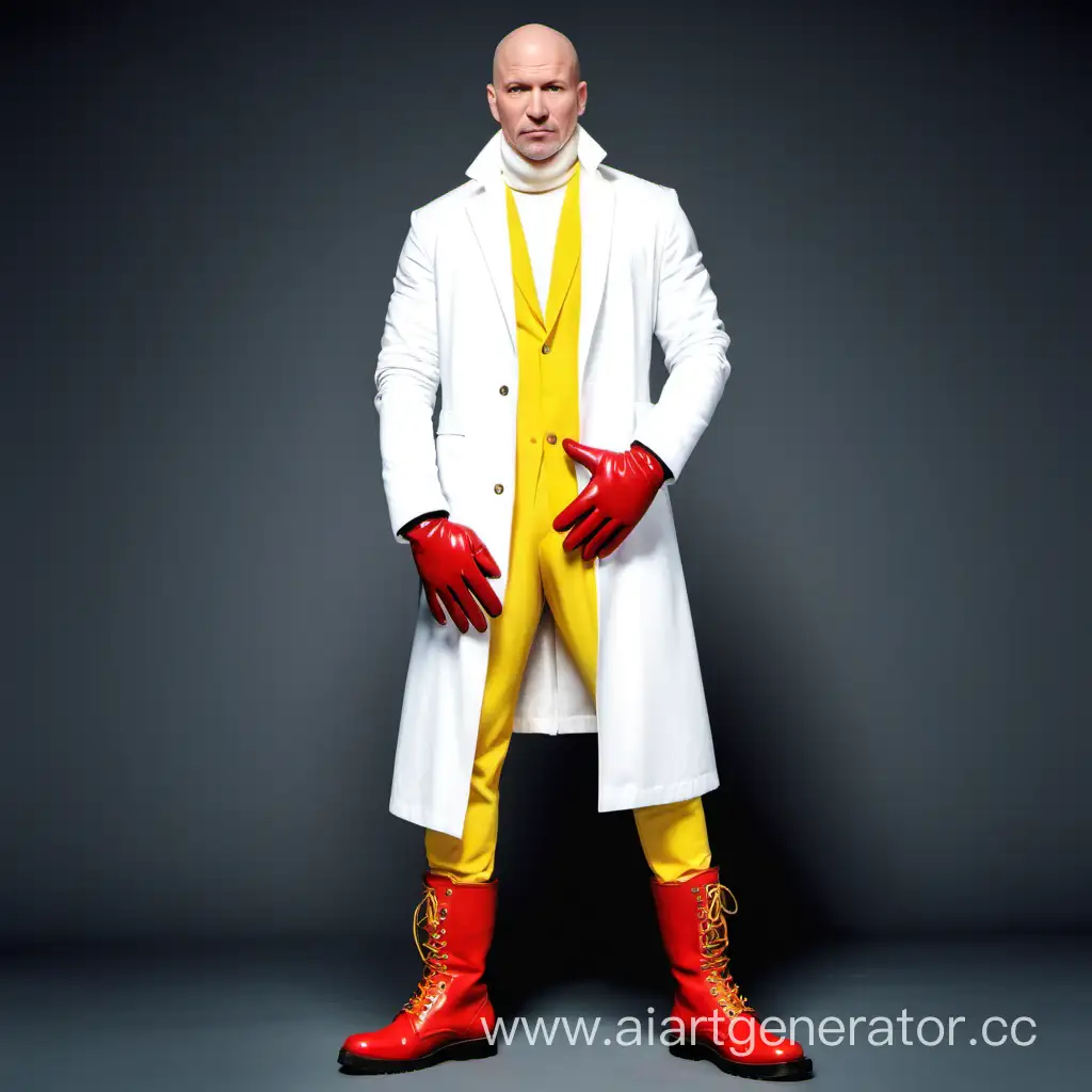 лысый, красные сапоги и  перчатки, белый плащ, желтый комбинезон, мужчина
