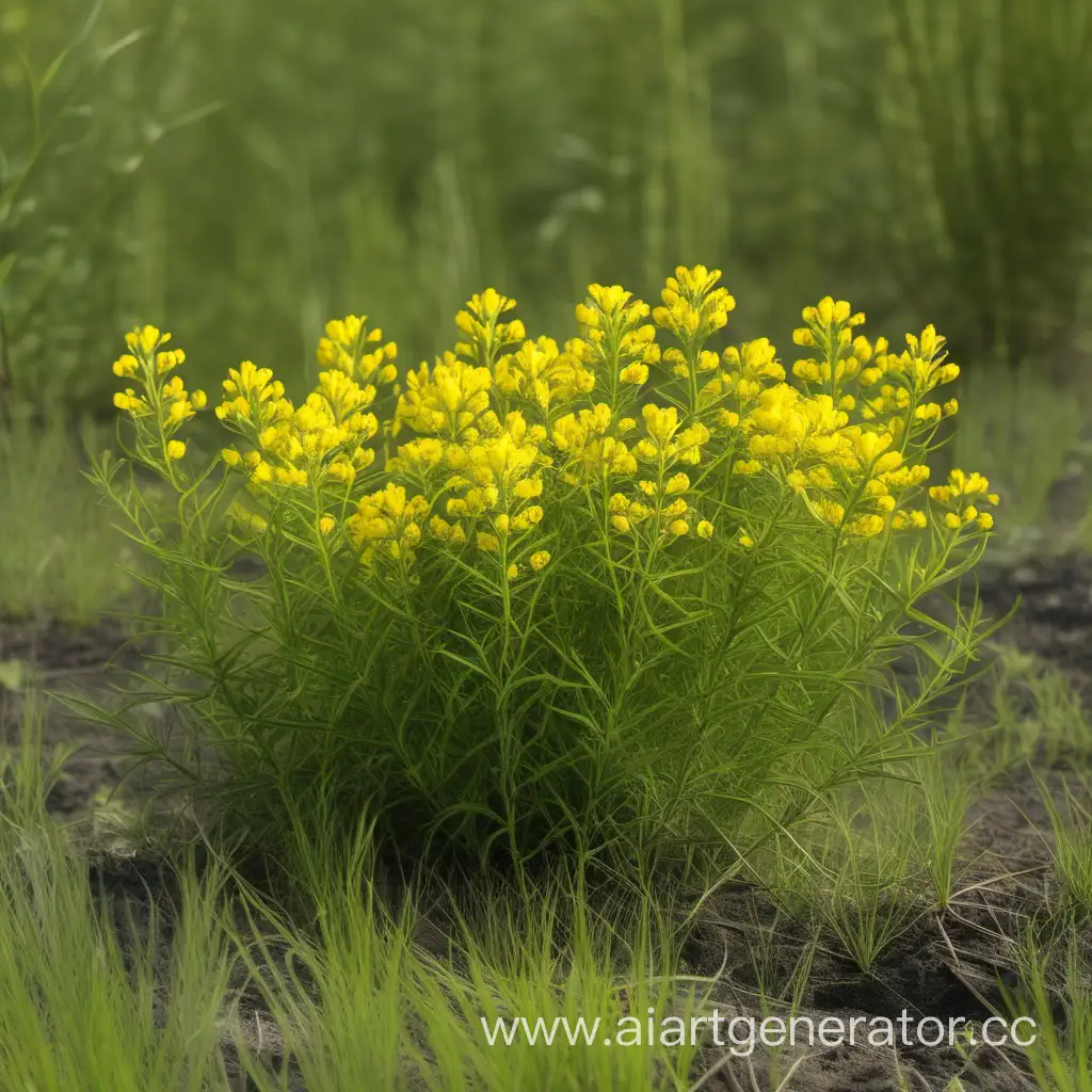 Торичник, небольшое растение с ярко желтыми цветами, растёт в поле, имеет узкие листья и стебель 
