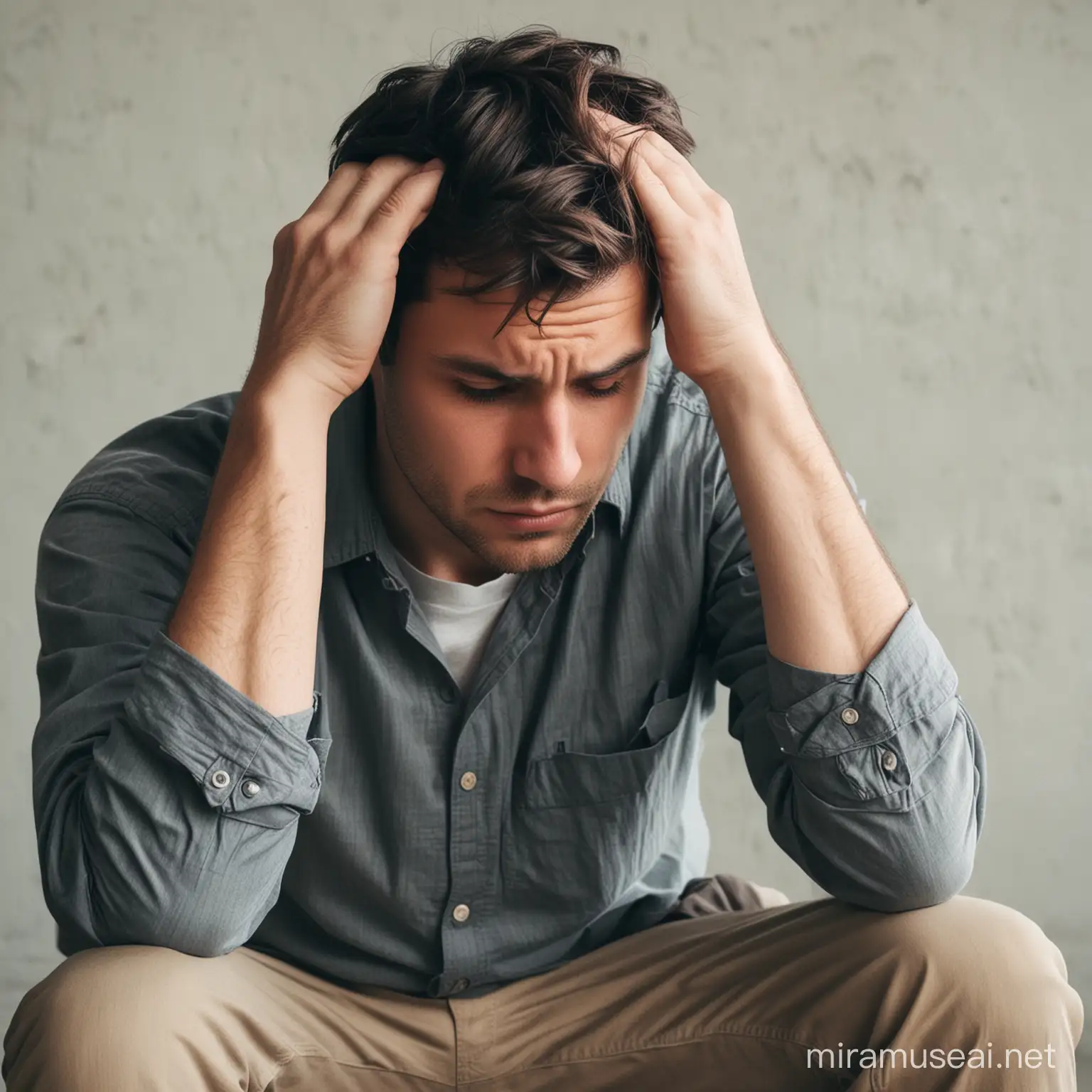 Depressed Man Sitting with Hand on Head