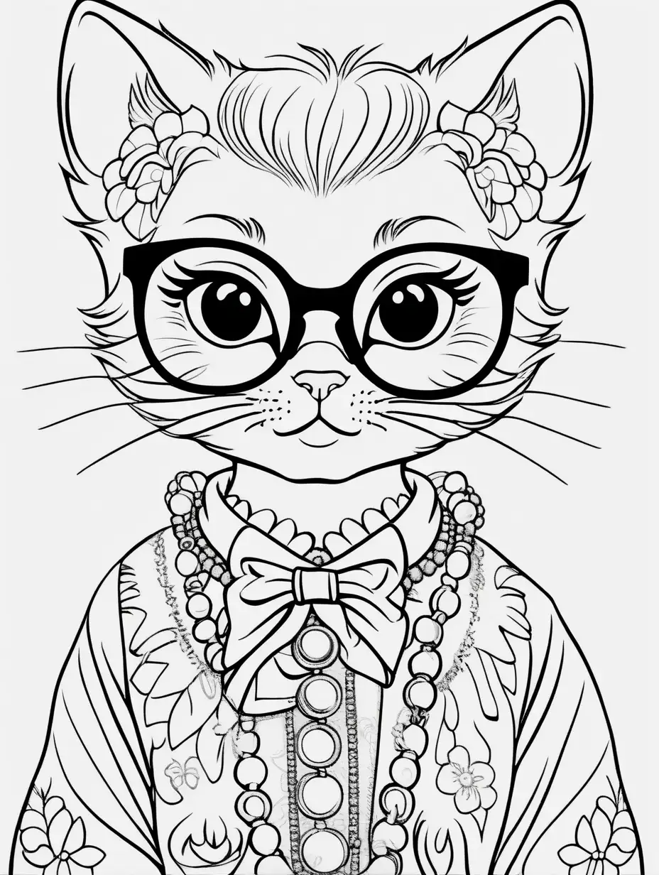 Cute kitten dressed like Iris Apfel for children's coloring book