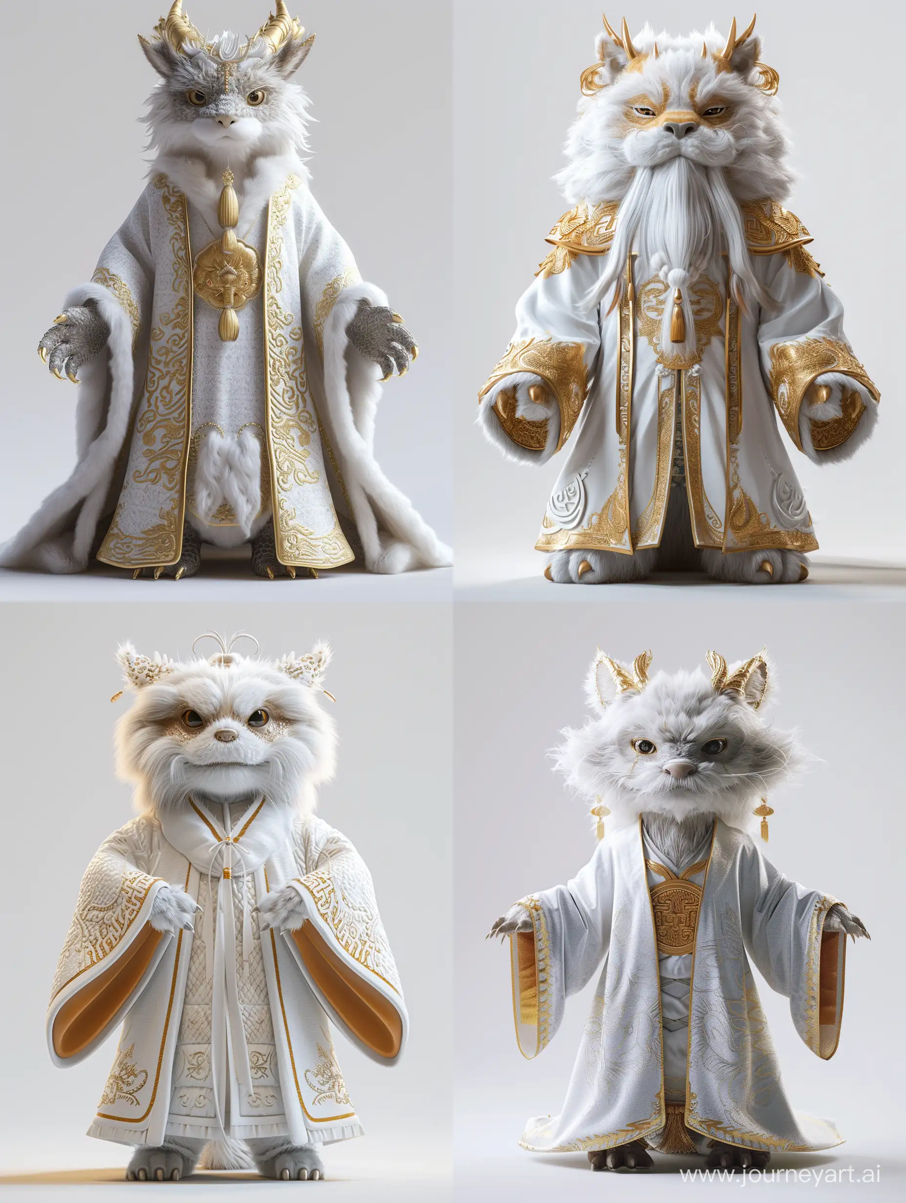 Handsome Chinese dragon, white and gold based ancient Chinese robe, fluffy fur, cute features, clean background, front, character IP design, 3D, OC rendering, C4D,cinematic lighting, ray tracing, UHD,anatomically correct, curate, super detail, high details, best quality, 16k