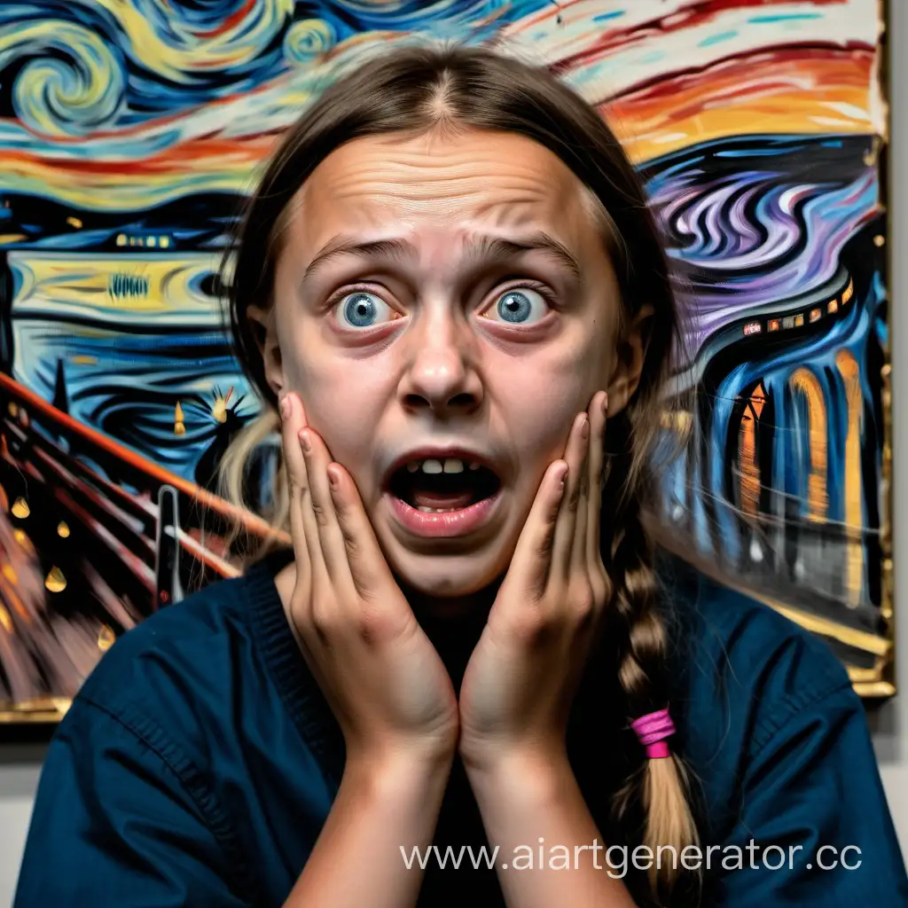 Greta Thunberg with both hands on her cheeks, and The Scream painting