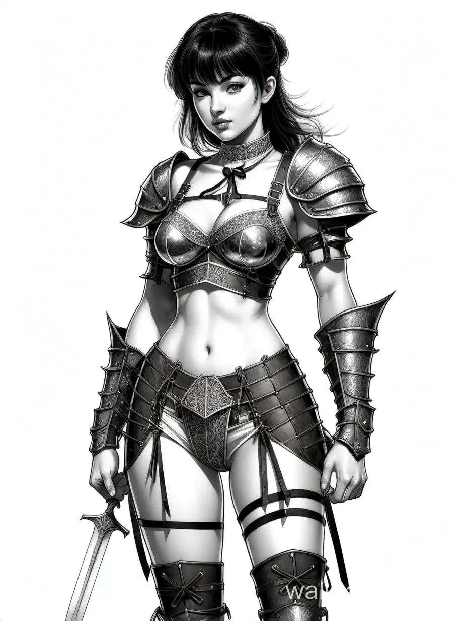 Young Dorina Byotsohyo. Chest size 4. Narrow waist. Wide hips. Toned abs. Short dark hair with bangs. Lace-up panties, stockings with garters. Protection on the right shoulder. Light leather armor. Amazon Turkic. Black and white sketch, white background, full-length, fantasy art style