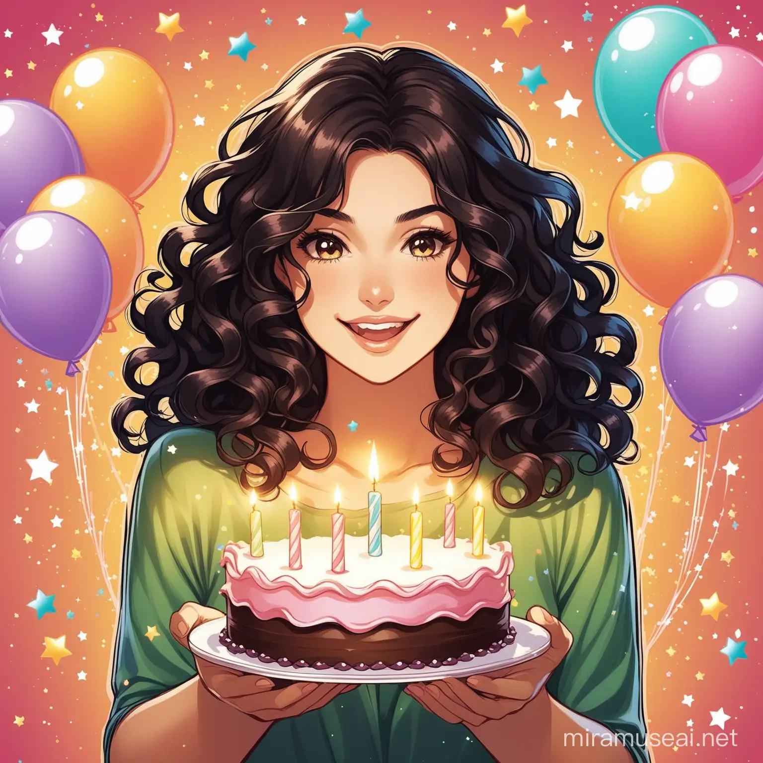 Create an image showing a dark haired woman, with curly hair, celebrating a her birthday