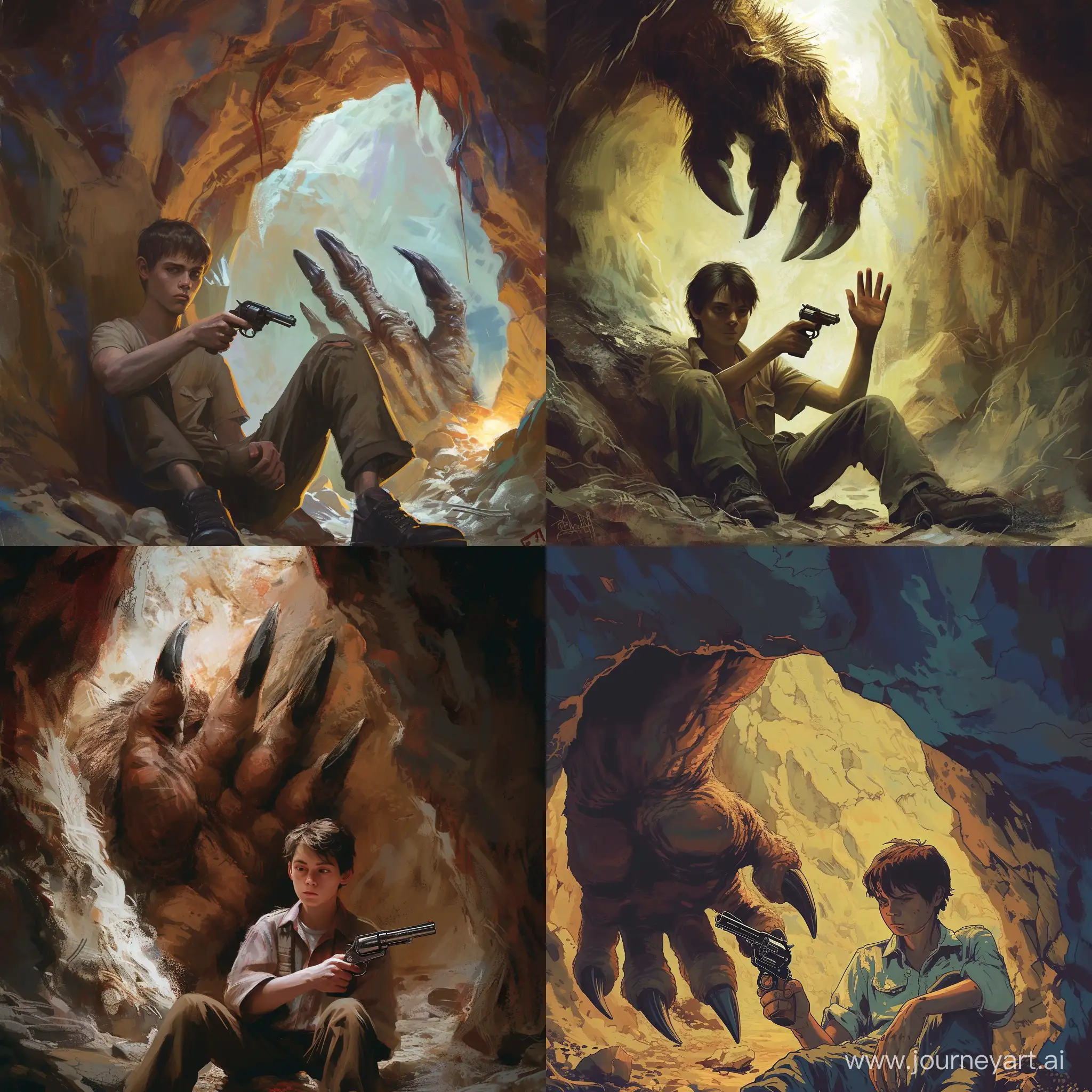 Fearful-Encounter-Young-Man-Confronts-Monster-in-Cave