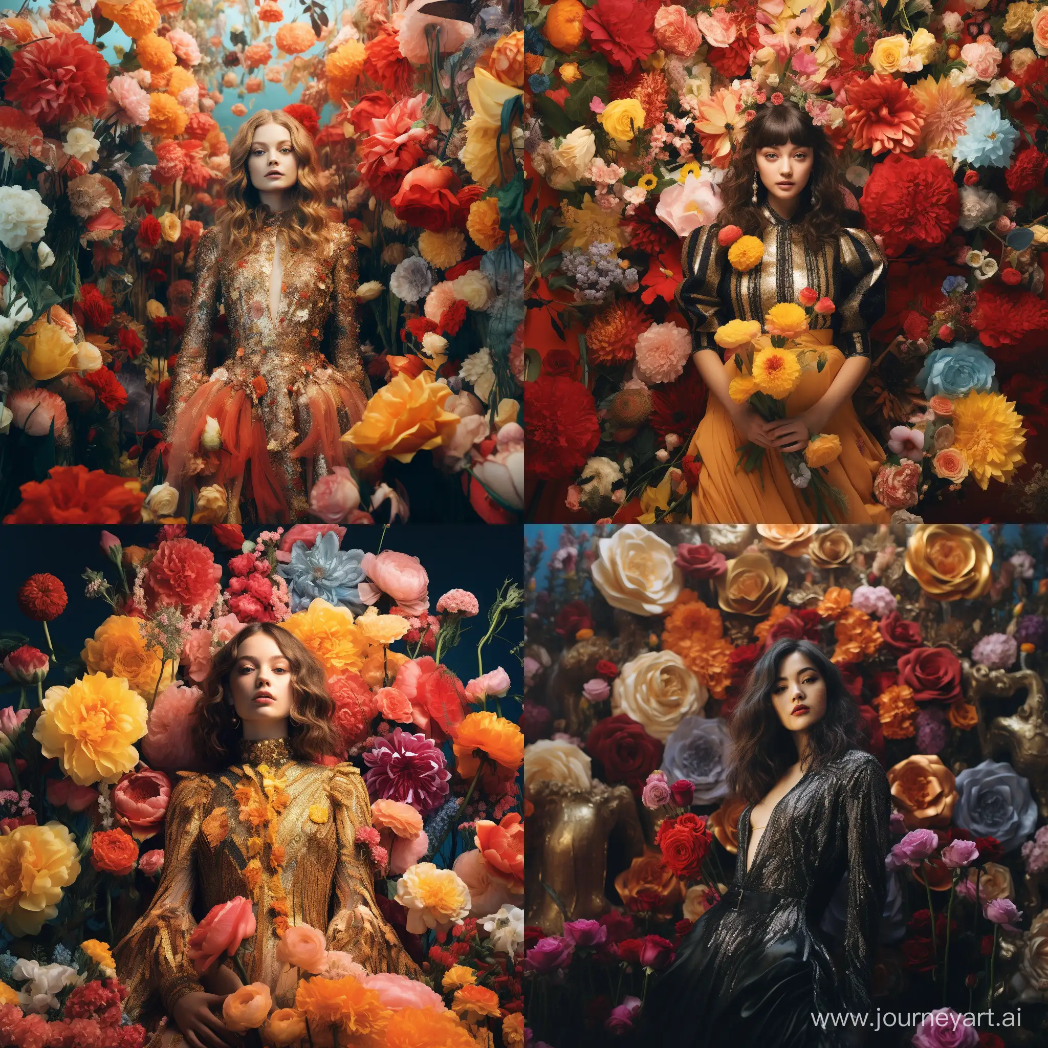 a woman is standing in front of a bunch of flowers, in the style of vibrant collage, extravagant, bella kotak, album covers, carson grubaugh, uhd image, lasar segall
