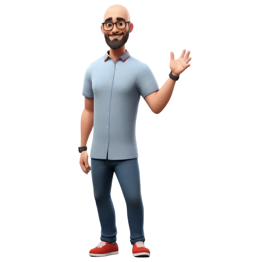 a disney pixar style man, pot-bellied, bald, with glasses and a beard, wearing jeans, a gray shirt with red collars, black sneakers, giving a cool sign