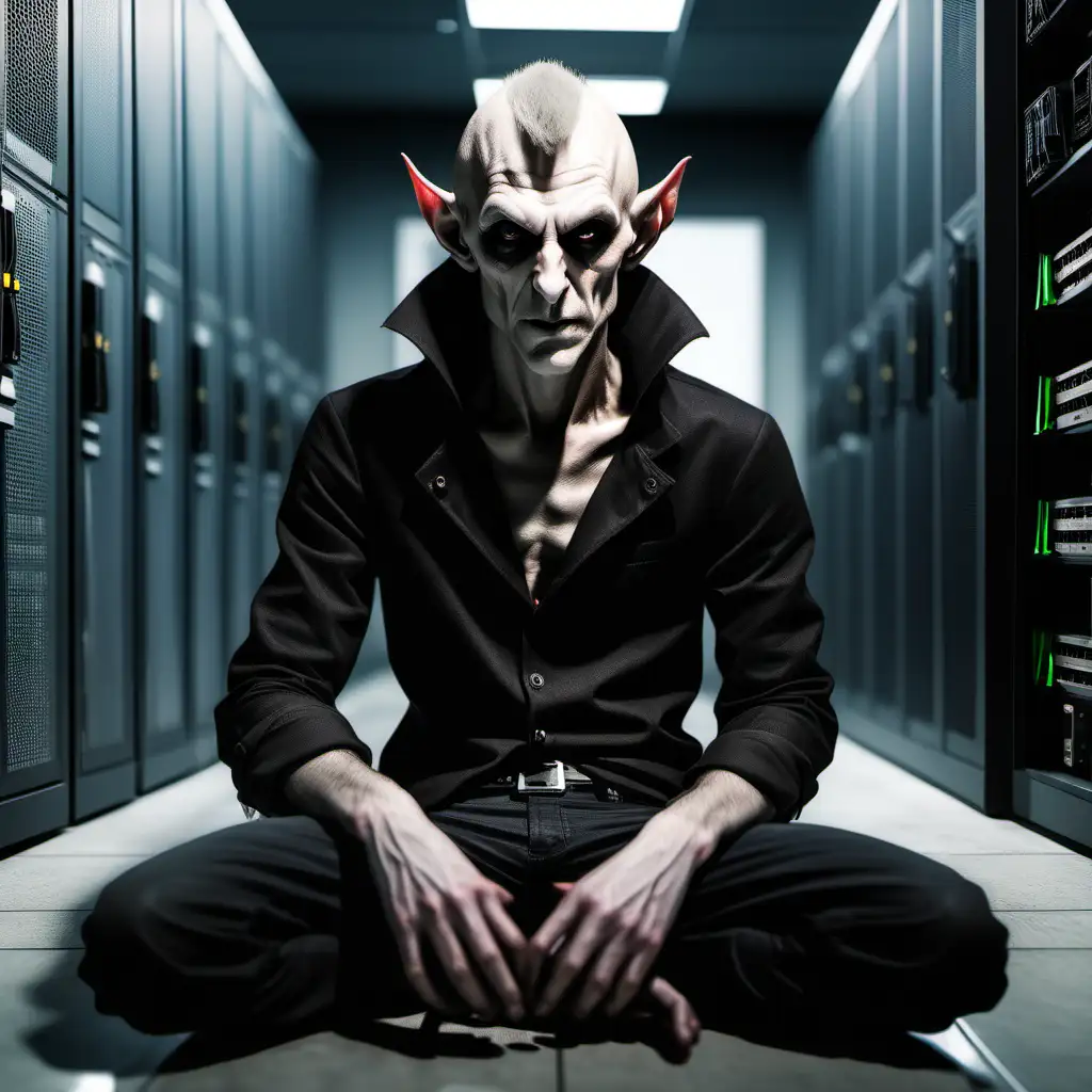 A male Nosferatu Primogen, modern casual clothing, sitting on the floor of a server room, bestial features, mohawk hairstyle, realistic