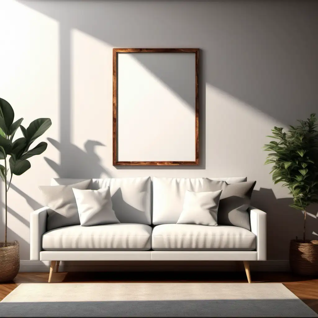 wooden poster white blank frame mockup, reflection, shadow overlay, cozy living room, farmhouse stlyle, warm room, 4K, exclude random objects,