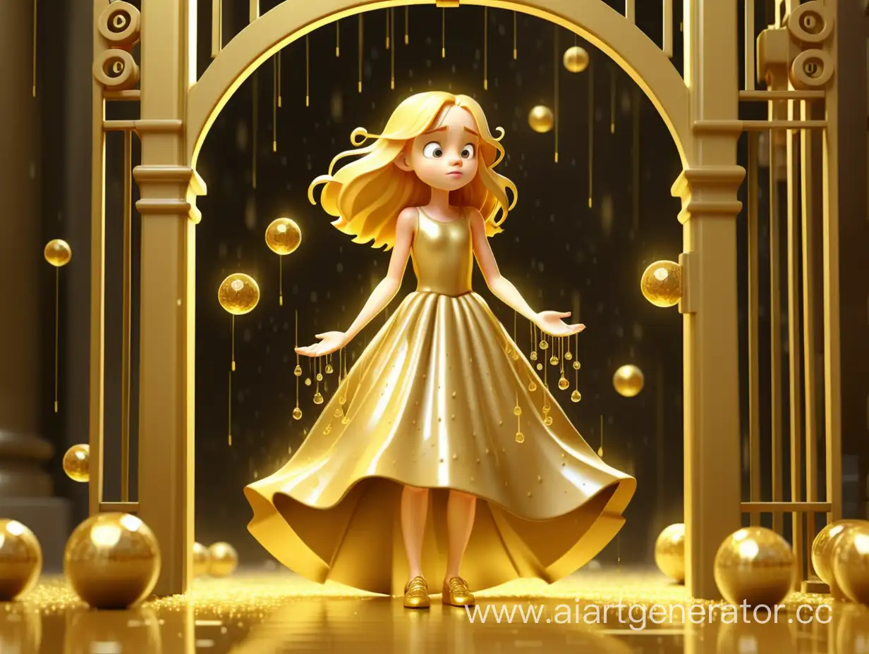 на золотом фоне, девушка с золотыми волосами золотым платьем и золотыми туфлями, стоит под воротами украшенными золотыми шариками кристальными а на нее льется золотой дождь, а в руках держит золотые шарики кристальные 
3д анимация  