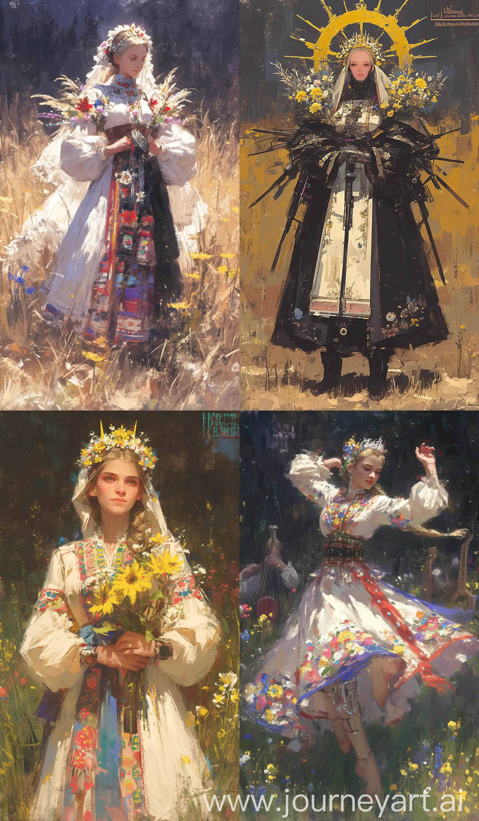 cyberpunk full body slavic cyberfemale in traditional dress, and flowers tiara, music folklore cyberinstruments , oil painting style, high quality , dramatic poses and lighting, cyberpunk and atompunk style, intricate details , --ar 7:12 --stylize 999 --niji 6