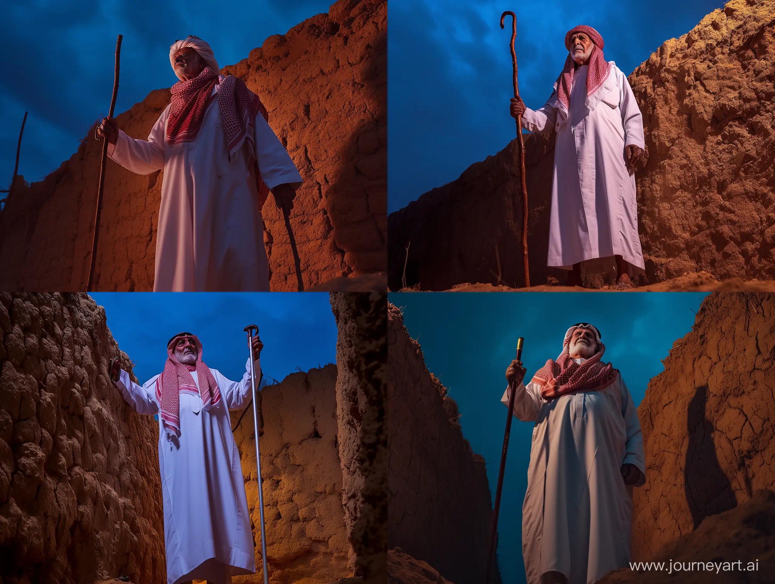 An opening photo of an old Saudi prince wearing the traditional white Saudi dress and a red shemagh, standing in front of a mud wall holding his cane at night time and dim lighting, cinematic and dramatic style with brown tones, and he appears confident, the camera is at a low angle pointing upwards, the sky is blue, and a full-body shot, Nature, shot by ‎‏Panasonic Lumix GH5S, Lumix 12-60mm f/2.8-4.0,