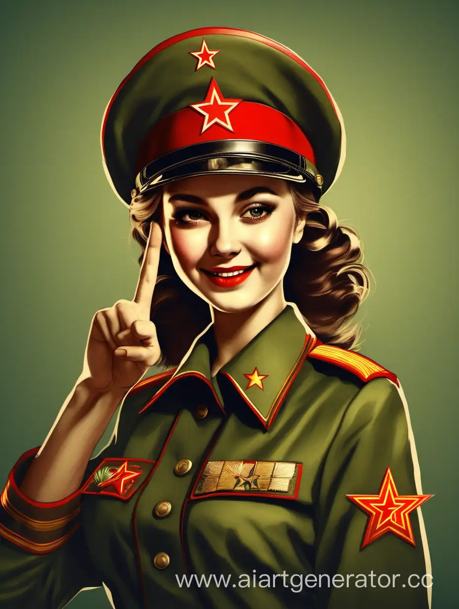 Девушка в советской военной форме поздравляет с праздником