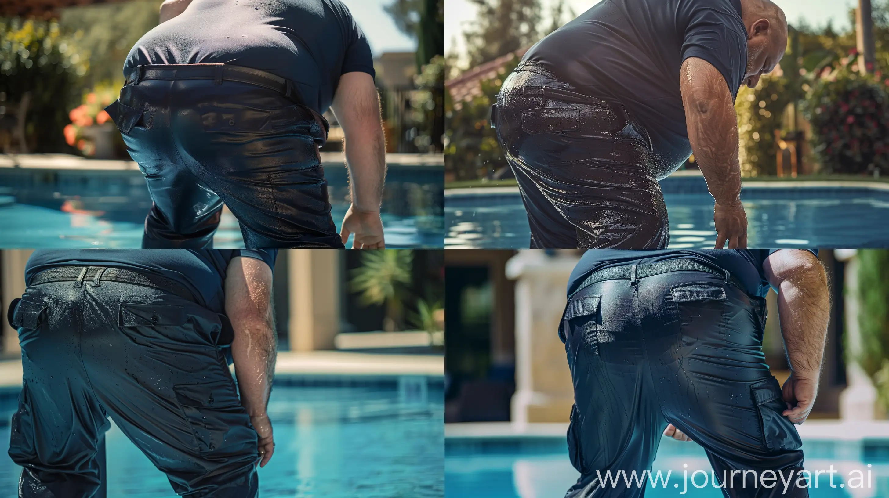 Back view close up photo of a fat man aged 60 wearing a soaked silk navy security guard slim-fitted battle pants and a tucked in silk navy soaked polo sport shirt. Swimming pool. Bending over. Outside. Natural light --style raw --ar 16:9