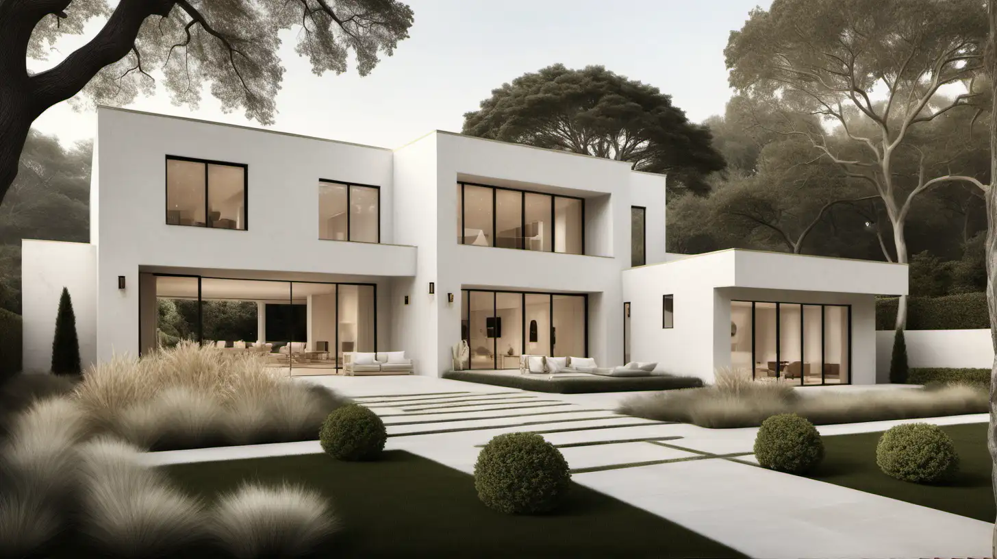 Imagine a hyperrealistic classic contemporary estate home Minimalist front exterior; walls in ivory limewash; Blonde Oak; Brass; organic; simplicity; sprawling gardens