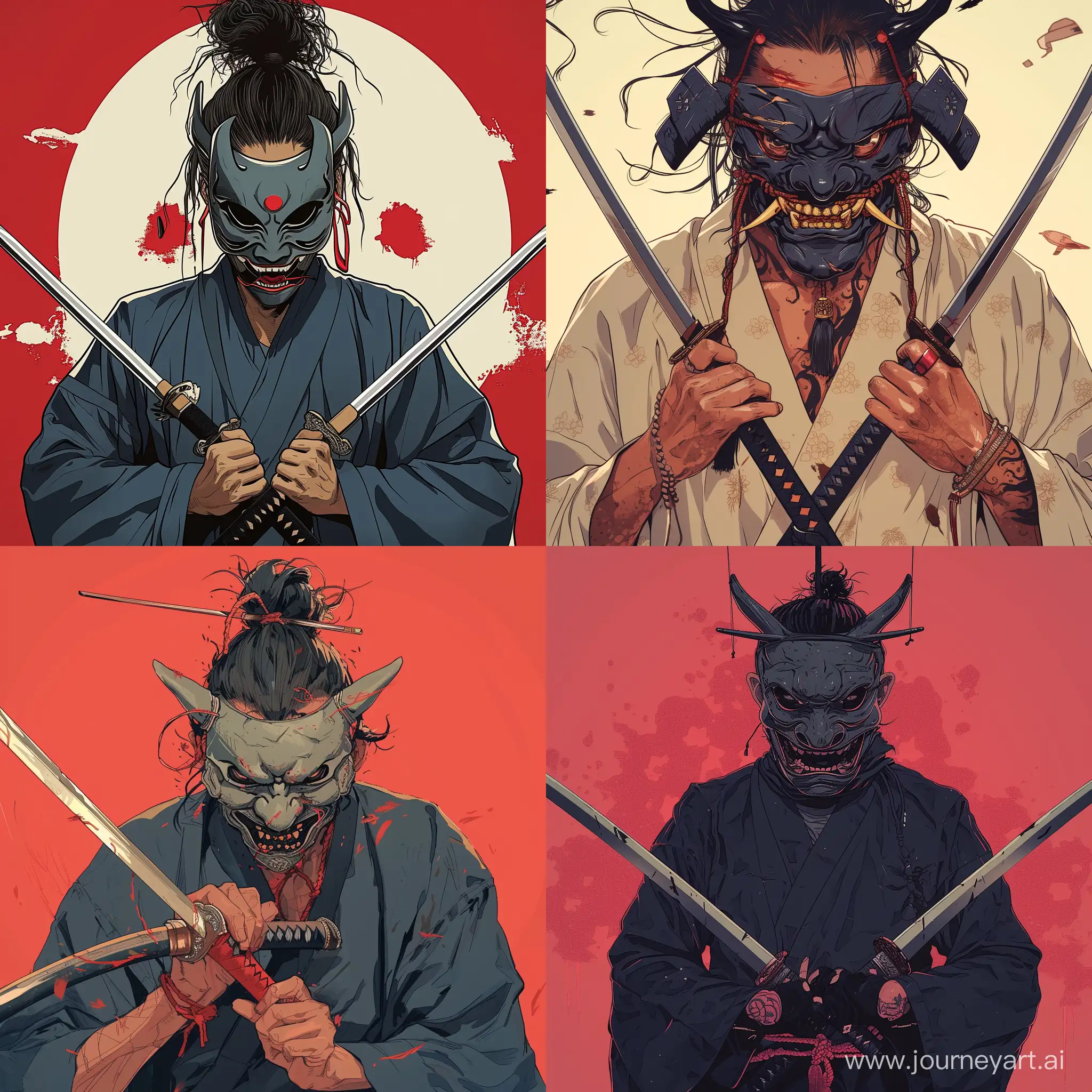Anime-Samurai-Warrior-with-Oni-Masks-and-Katana